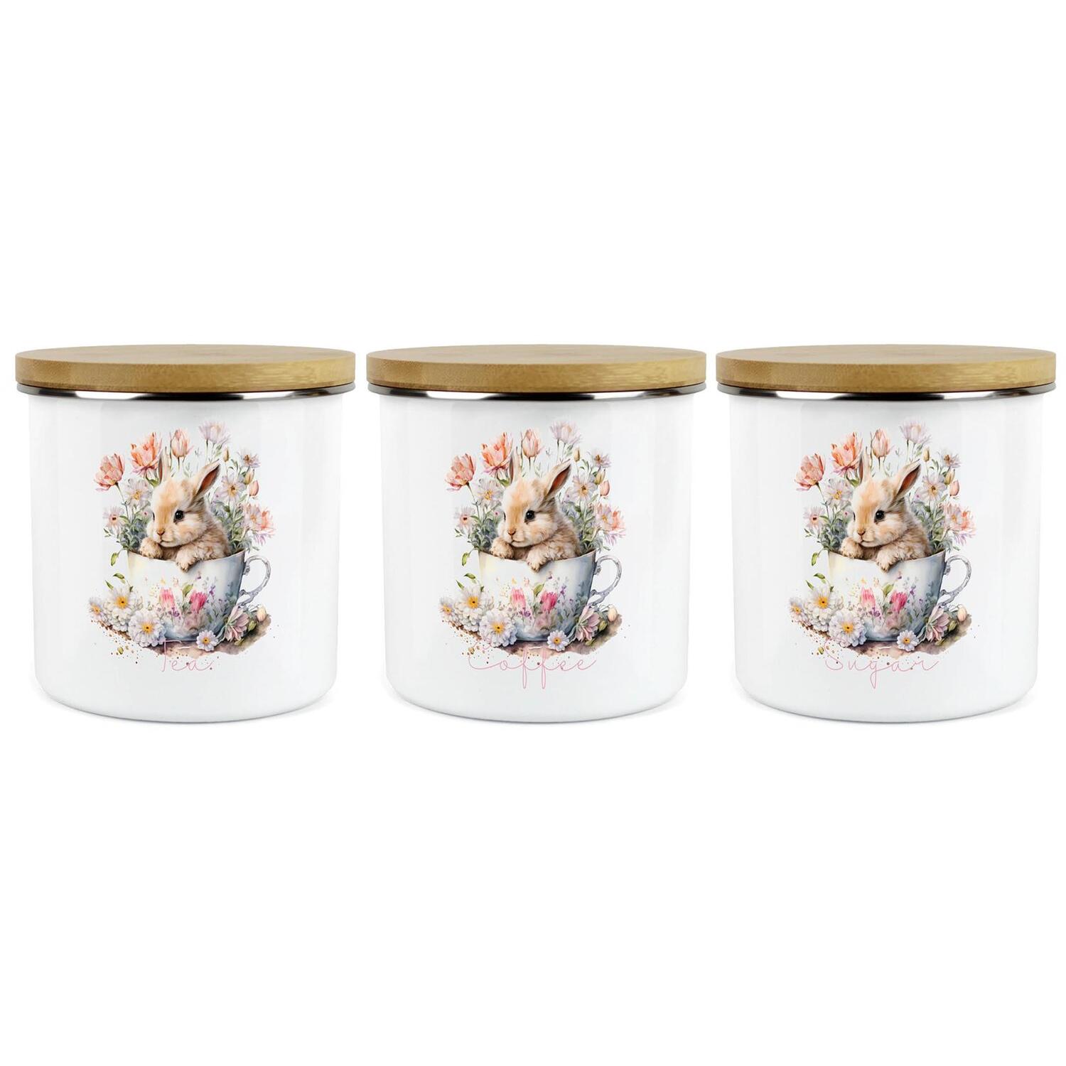 Teacup Bunny Tea, Coffee & Sugar Canister Set - Enamel Kitchen Storage Container - Image 3