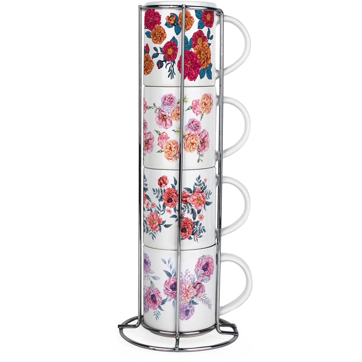 Purely Home Painted Flowers Small Stacking Mugs Gift - Set Of 4 Ceramic Cups With Metal Stand - Multicoloured