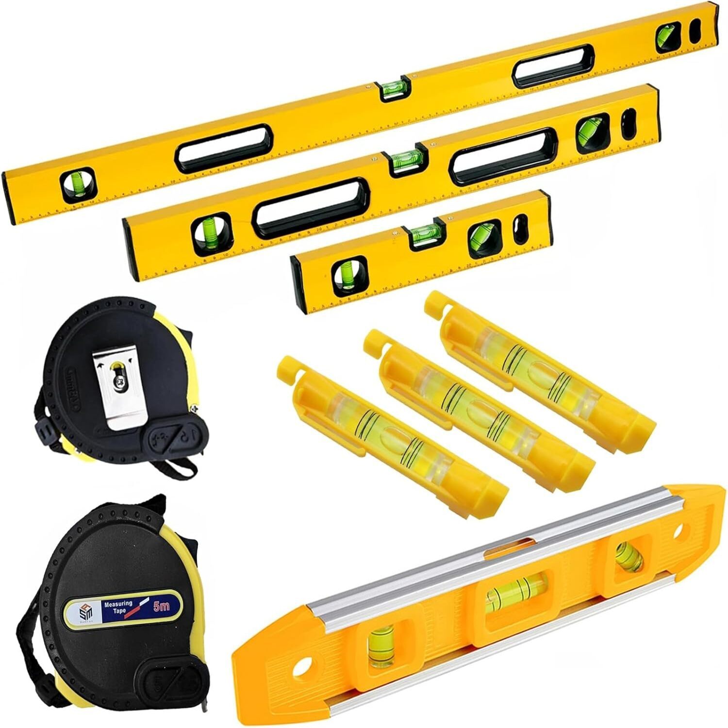 Atek 3 Pcs Spirit Level Set With Torpedo Strings And 5M Tape - Yellow