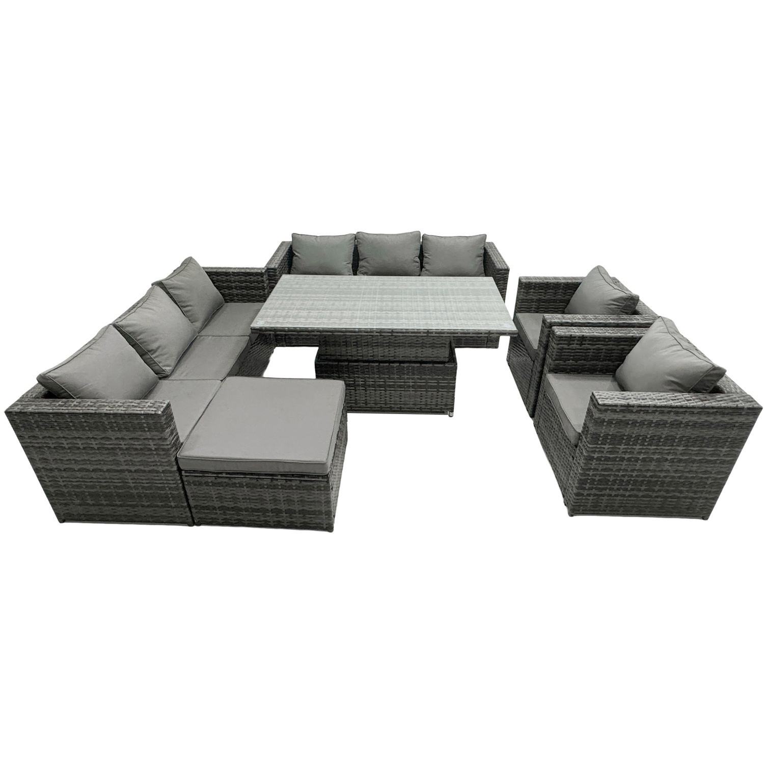 Rackhams Dark/Grey 9 Seater?Outdoor Rattan Garden Furniture Set Adjustable Rising Lifting Dining Table With Chairs Footstool Mixed - Image 2