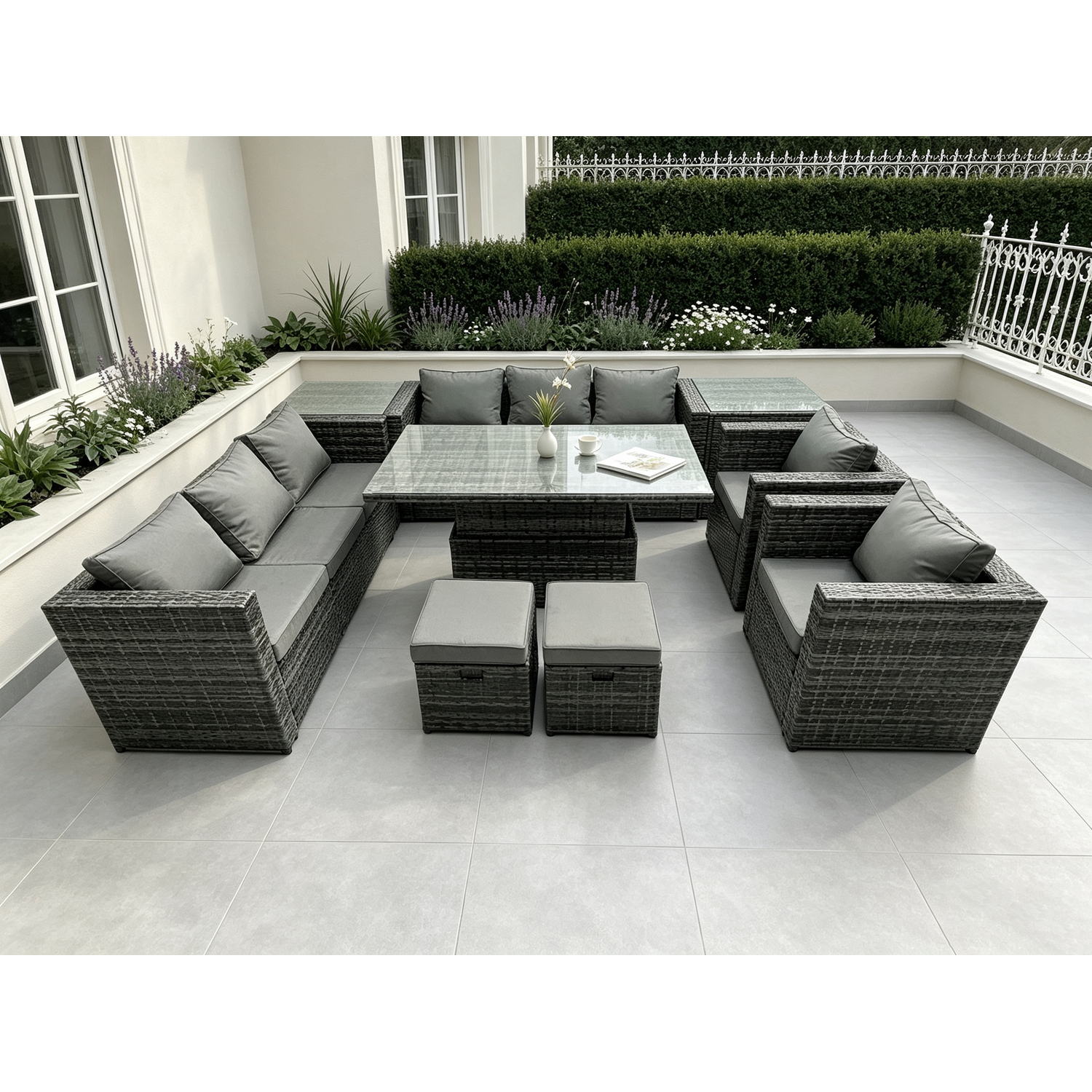 Fimous (8 Seater) Fimou Pe Rattan Garden Furniture Gas Fire Pit Dining Table Lounge Sofa - Image 3