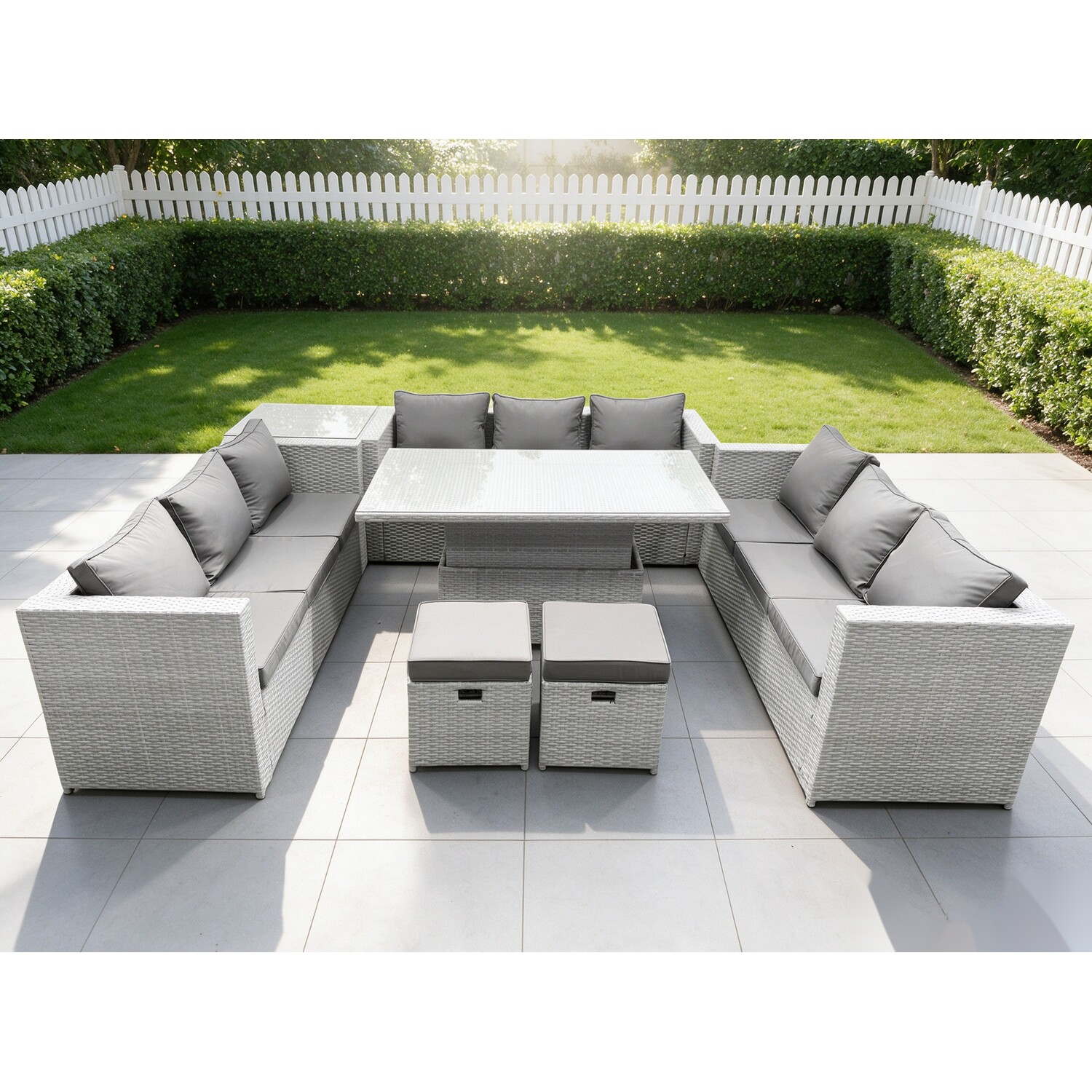 B&Q - U Shape Lounge Rattan Garden Furniture Set Adjustable Rising Lifting Table Dining Set With Side Coffee Tea Table Stool - Image 2