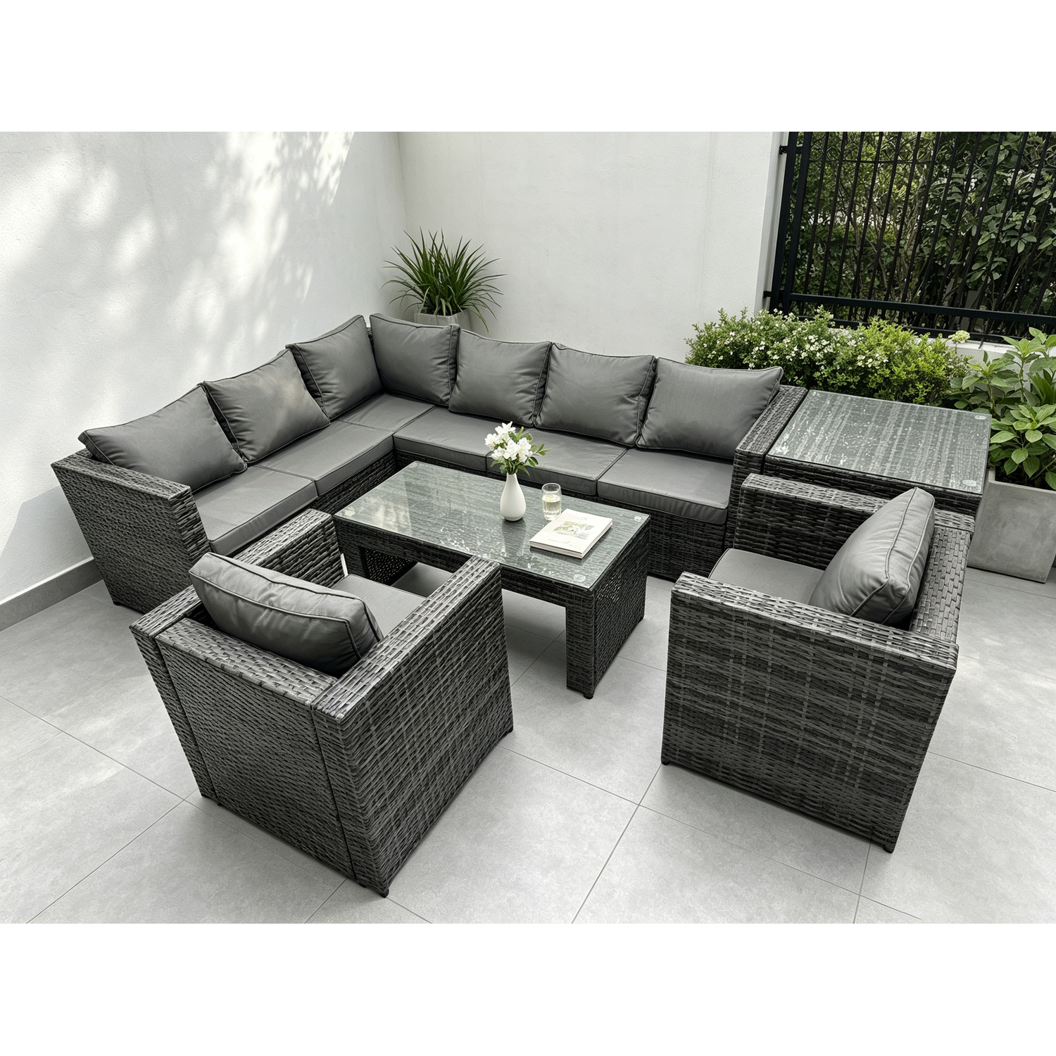 Fimous 8 Seater Rattan Corner Sofa Lounge Sofa Set With Rectangular Coffee Table Side Table 2 Arm Chair Left Hand - Image 3