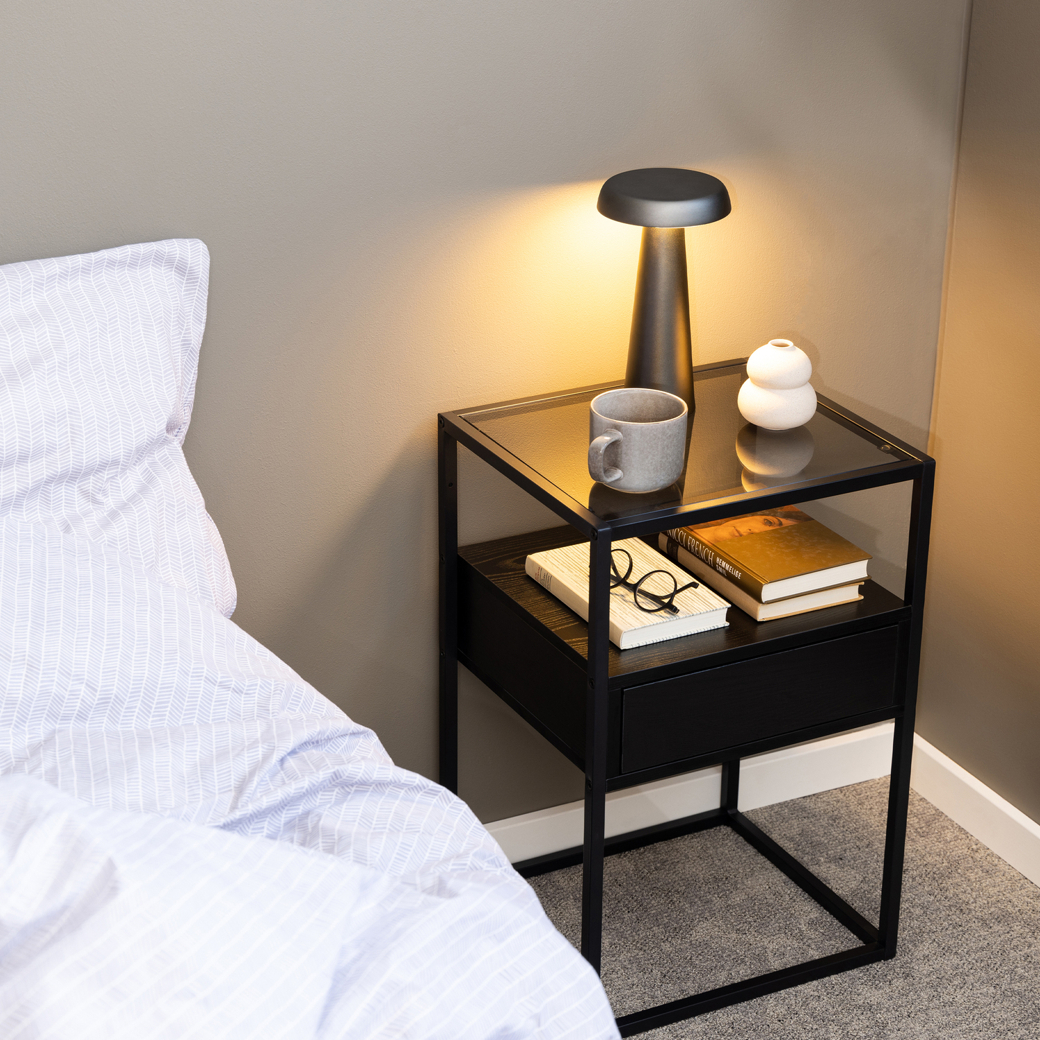 Indoor Furniture Group Randolf Bedside Table - Black Smoked Glass - 1 Drawer - 60cm Height - Image 6