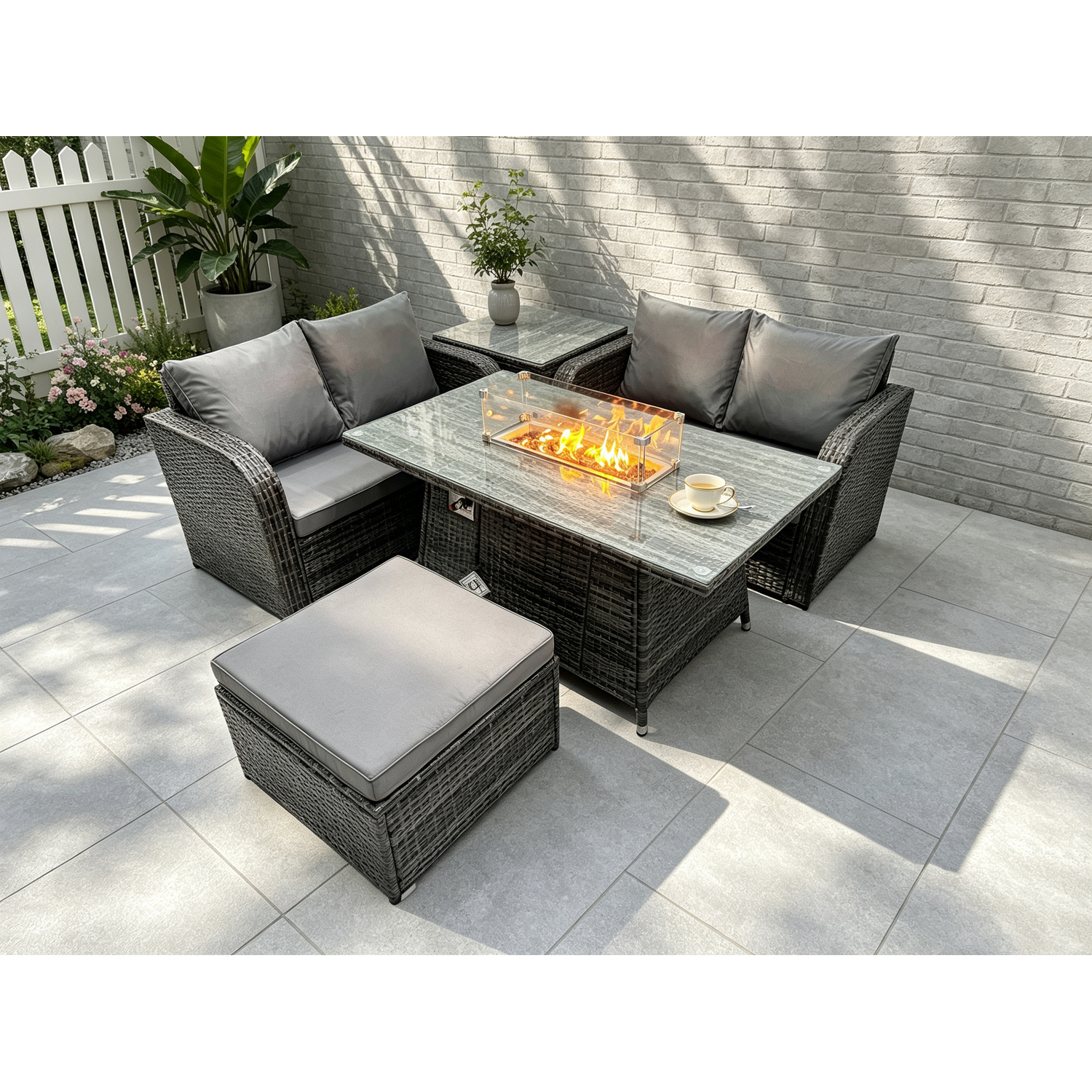 Rackhams Dark/Grey Rattan Garden Furniture Set With Gas Fire Pit Table 5 Pieces Outdoor Loveseat Sofa Set Mixed - Image 2