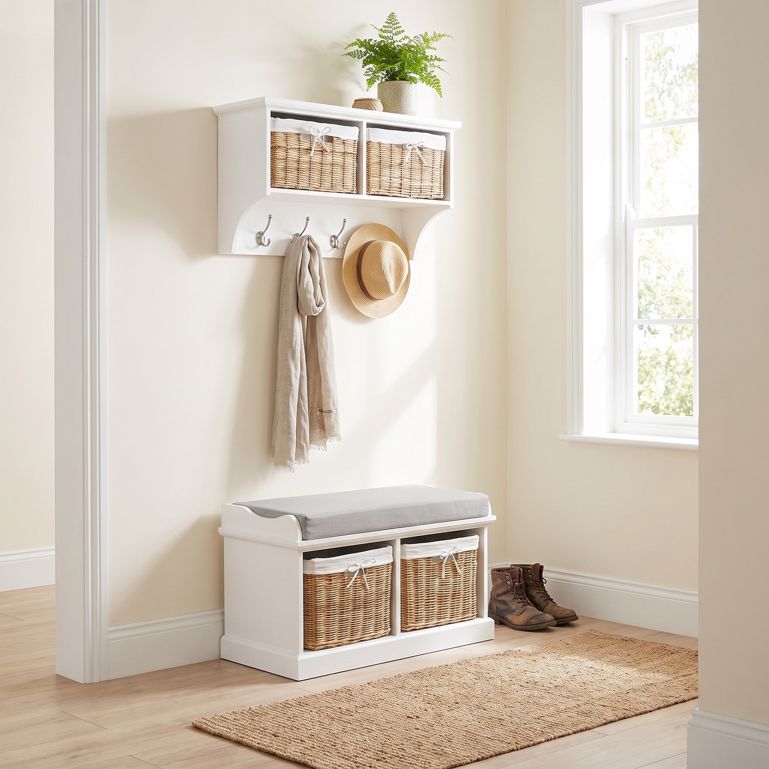 Statement Furniture Tetbury Hanging Shelf And Bench Set With Natural Wicker Baskets And Grey Cushion - White / 76Cm