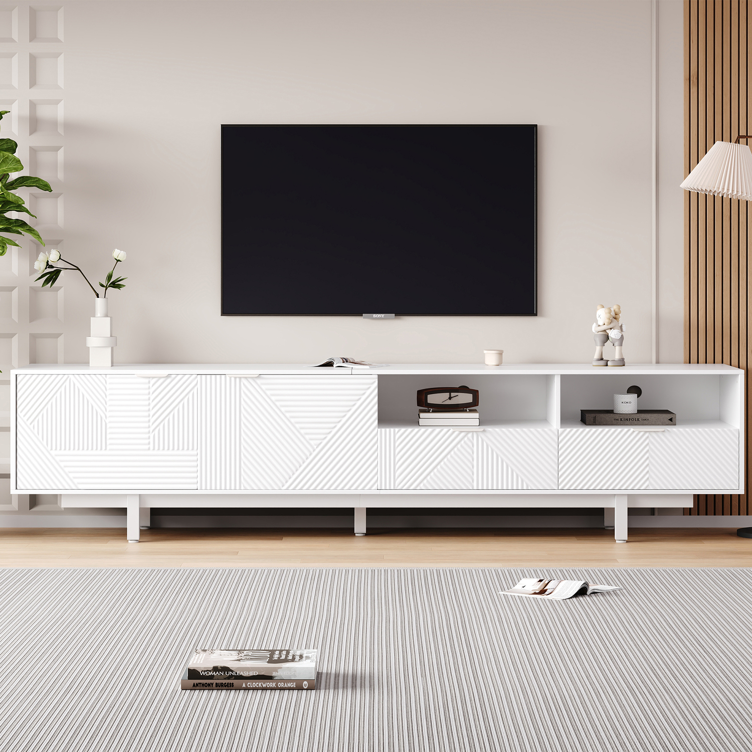 Aka Modern Geometric Tv Stand With Storage Space, White - White