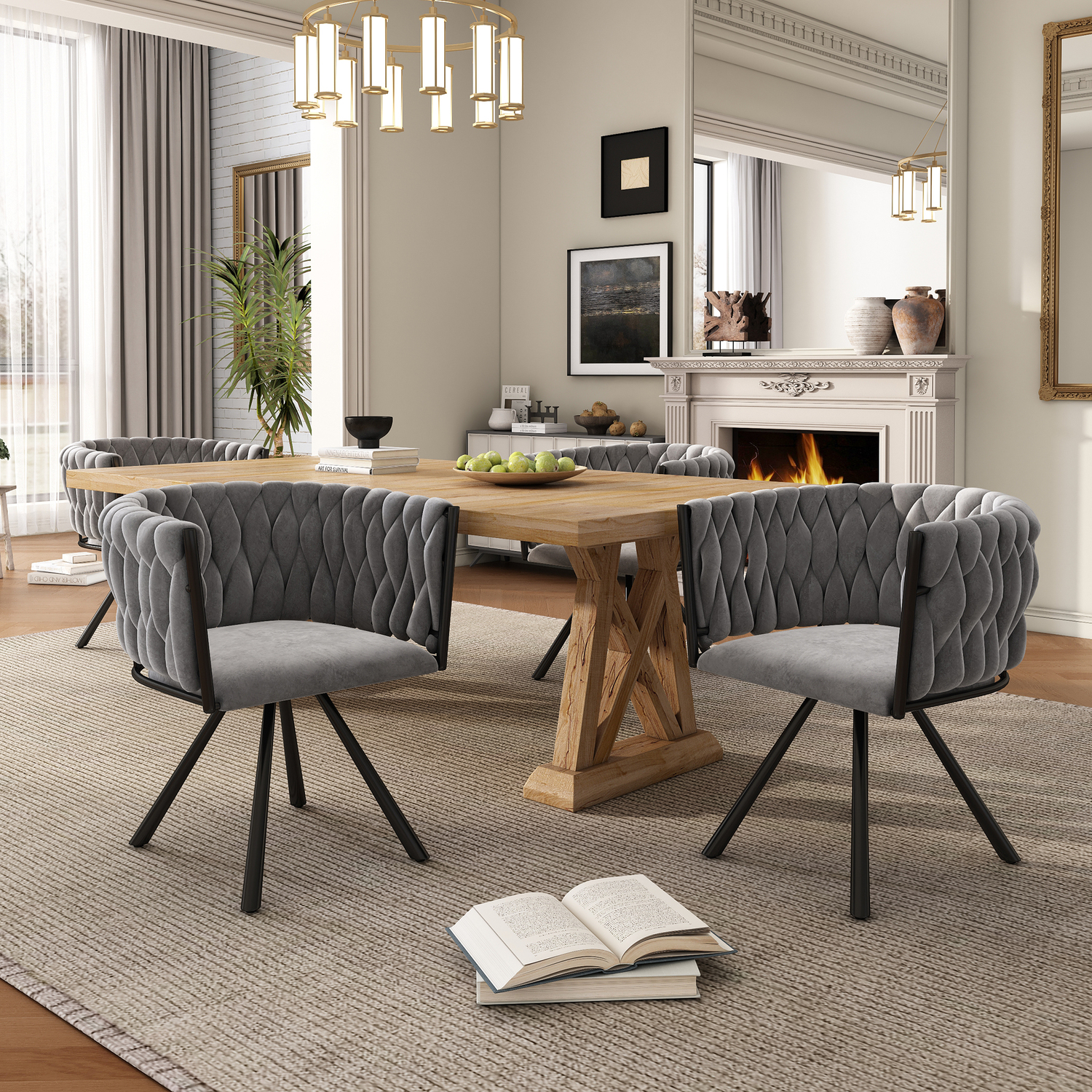 Aka Velvet Luxurious Swivel Chair With Four Metal Legs, Grey, Set Of 4 - Grey