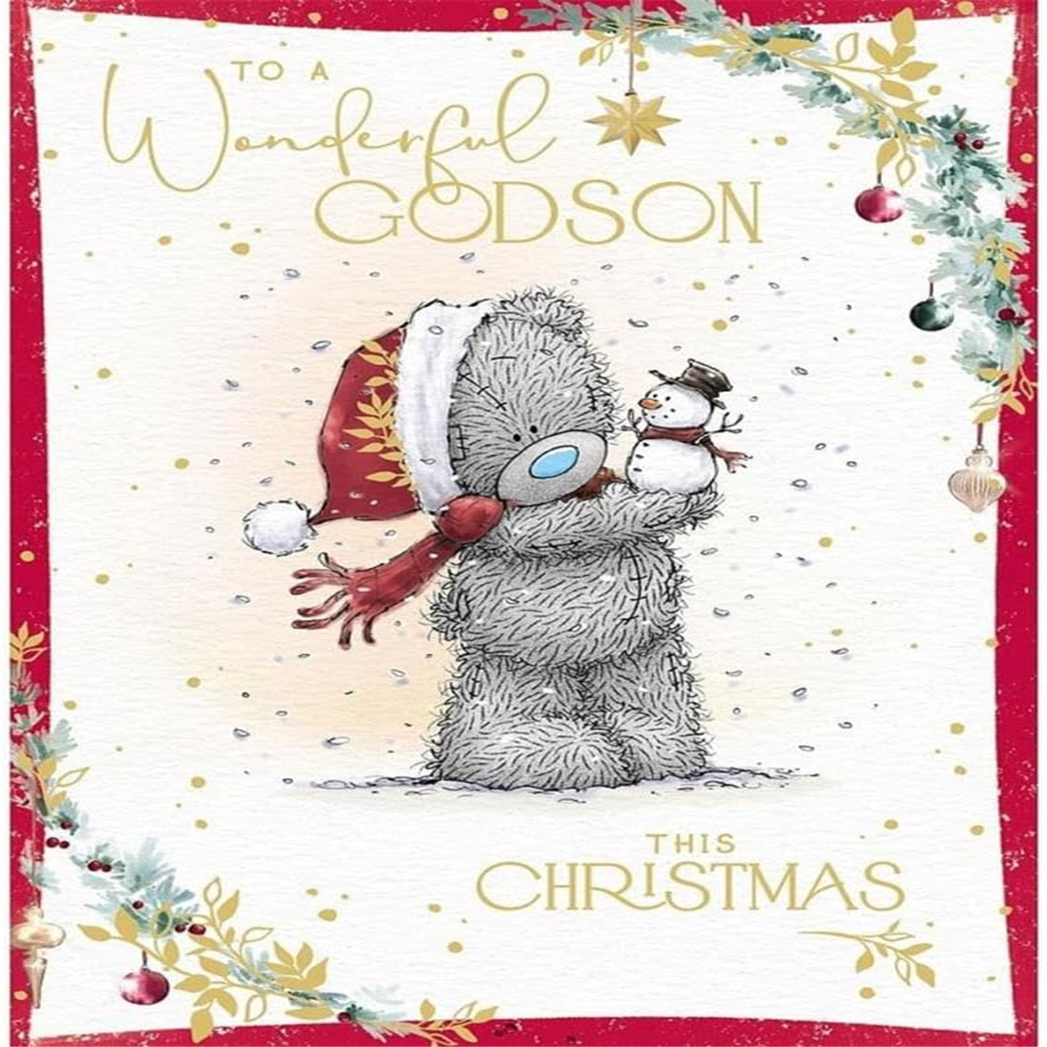 Me To You Bear Holding Little Snowman Wonderful Godson Christmas Card - Red