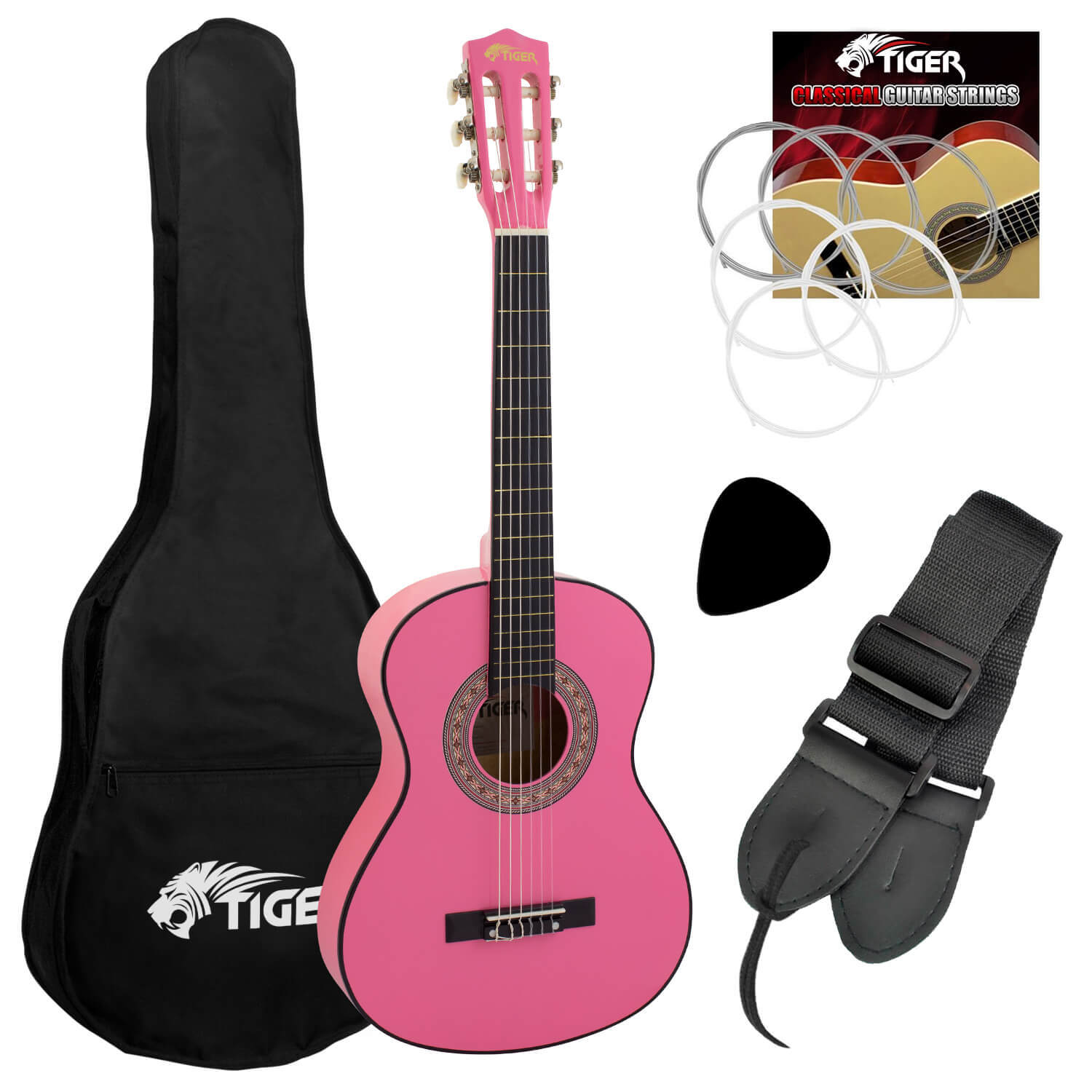 Tiger Music 3/4 Size Childrens Classical Guitar Pack With Gig Bag, Strap & Picks - Neutral