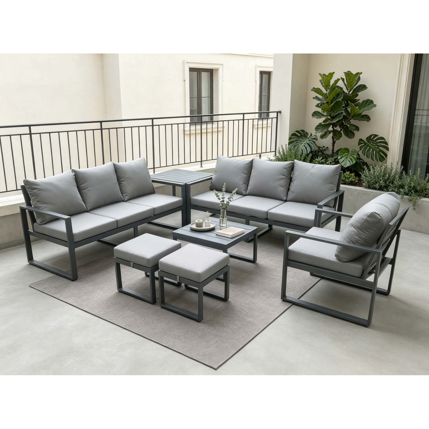 Fimous Aluminium 9 Seater Outdoor Garden Furniture Lounge Sofa Set With Square Coffee Table Chair 2 Small Footstools Dark Grey - Image 3