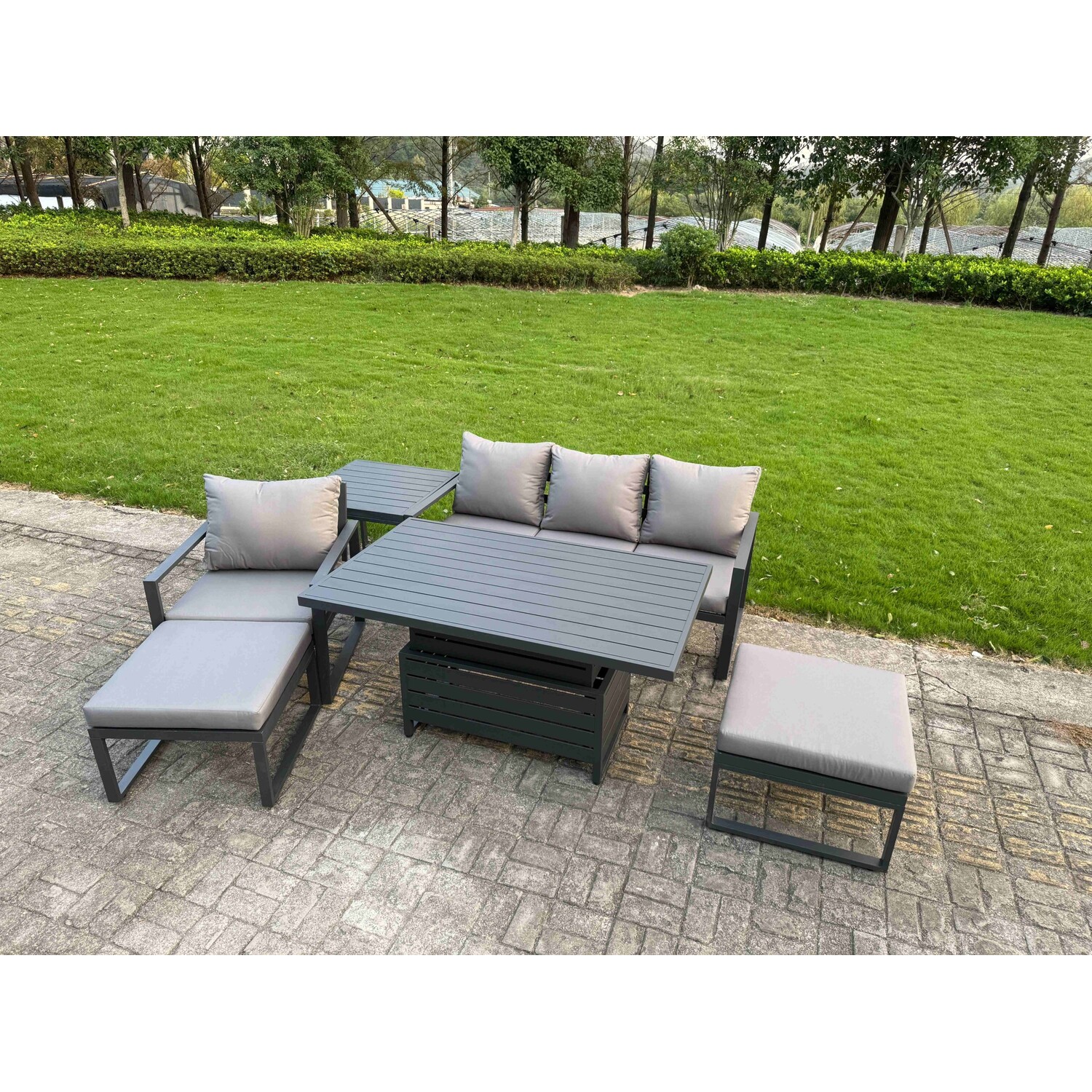 Rackhams Dark/Grey 6 Seater Aluminium Garden Furniture Set With Adjustable Rising Dining Table, Side Table - Image 3