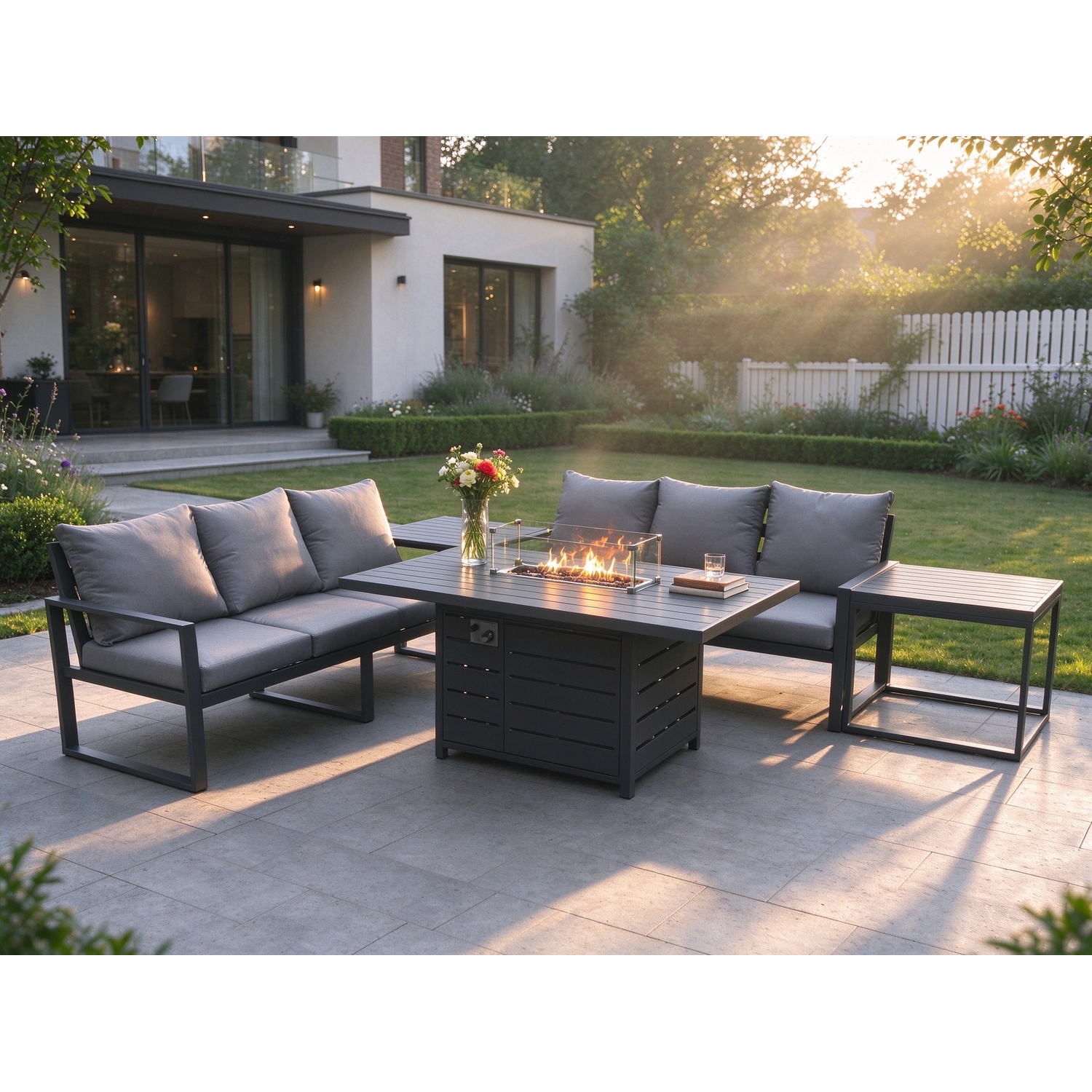 Fimous Unisex Dark Grey Aluminium Seater Outdoor Garden Furniture Lounge Sofa Set Gas Fire Pit Dining Table With 2 Side Tables In Size 6 - Image 2