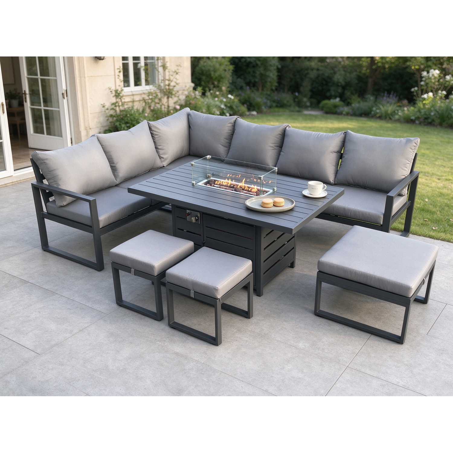 Fimous Unisex Dark Grey Aluminium Pieces Garden Furniture Corner Sofa Set With Cushions Gas Fire Pit Dining Table Set With 3 Footstools Size 8 - Image 2