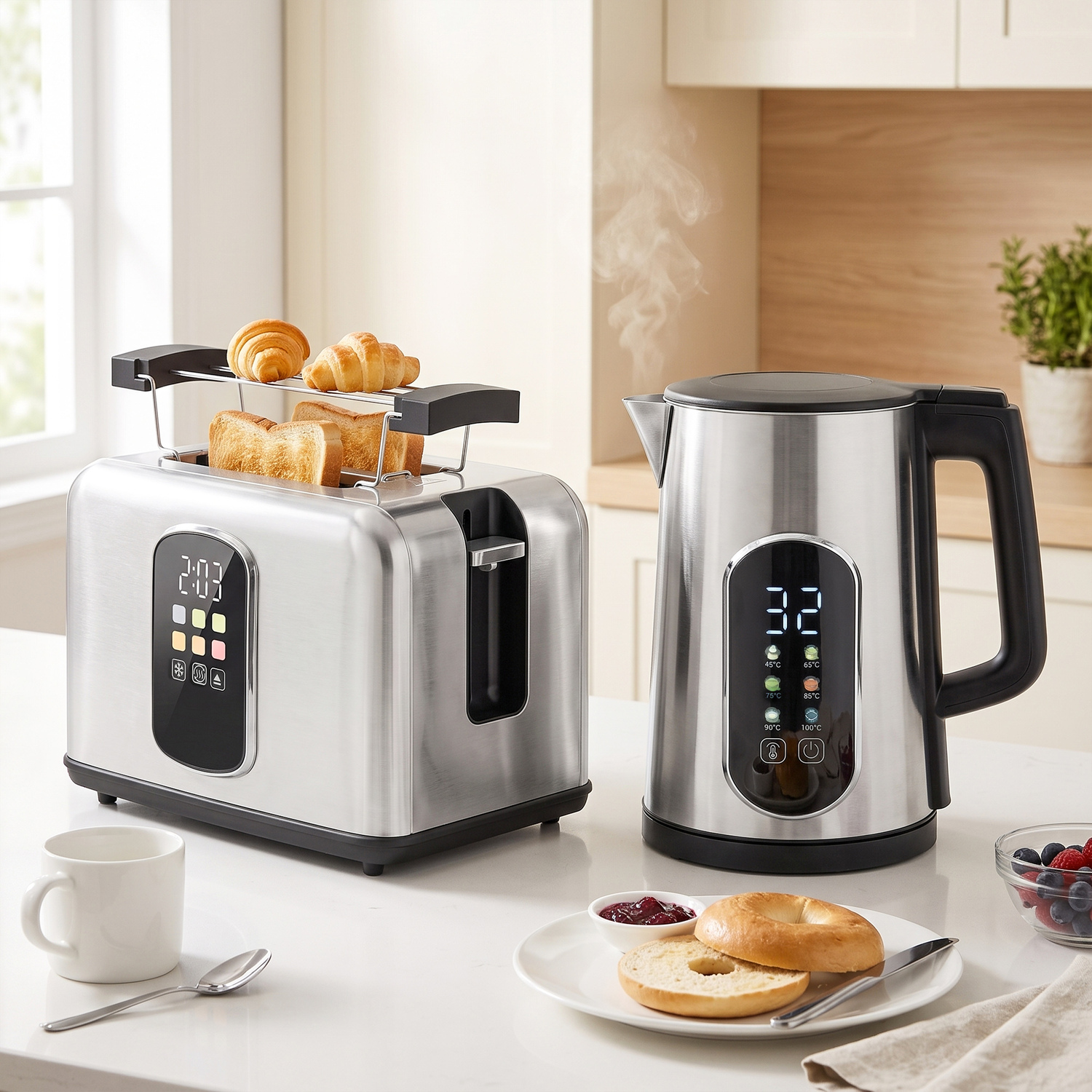 HOMCOM 1.5L 3000W Kettle & Toaster Set with Strix Thermostat, Silver - Image 2