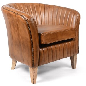 Genuine Brown Tan Leather Armchair with Ribbed Detailing