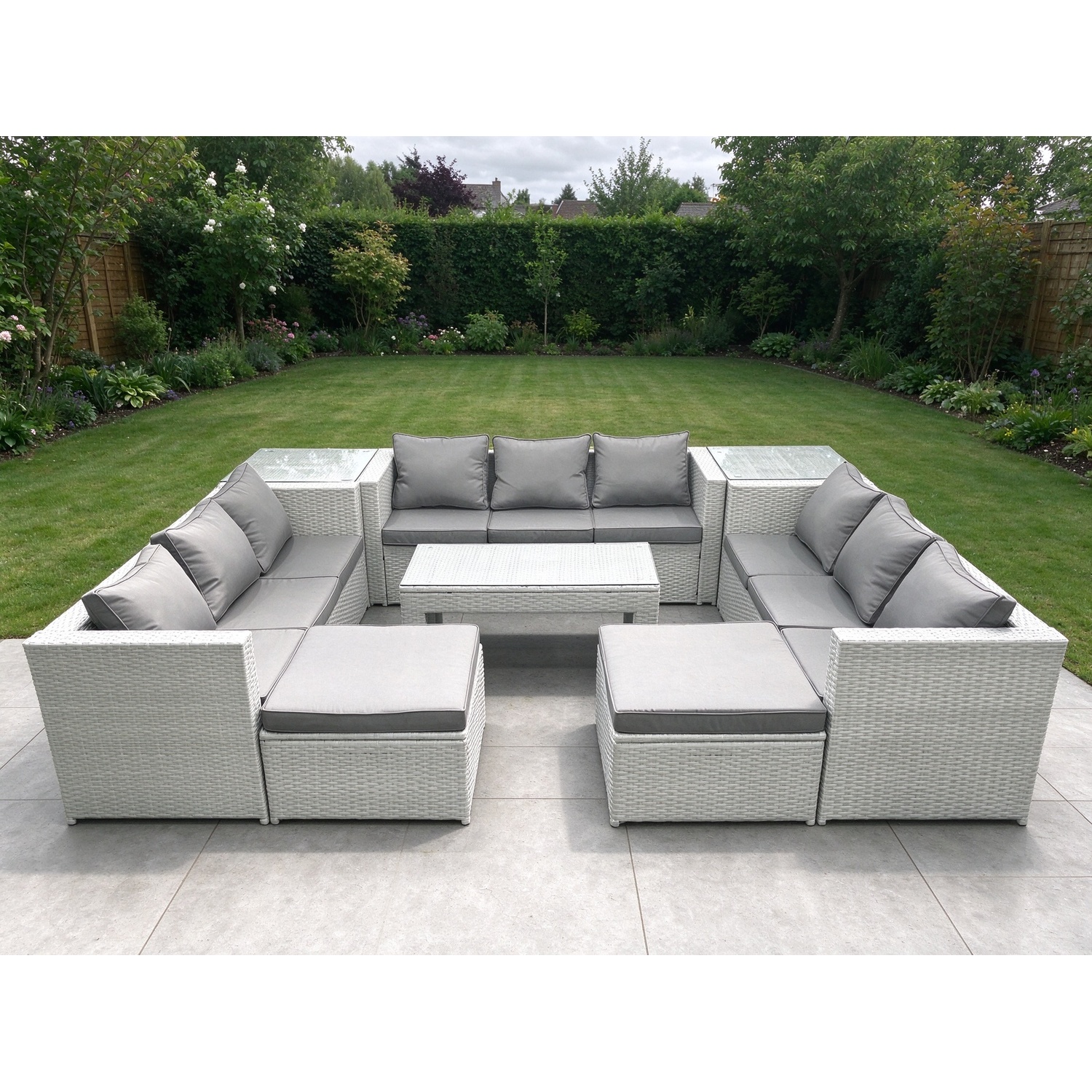Fimous Unisex Light Grey Rattan Garden Outdoor Furniture Set Seater Garden Sofa Oblong Coffee Table Set With 2 Big Footstools 2 Side Tables Mixed Size 11 - Image 2