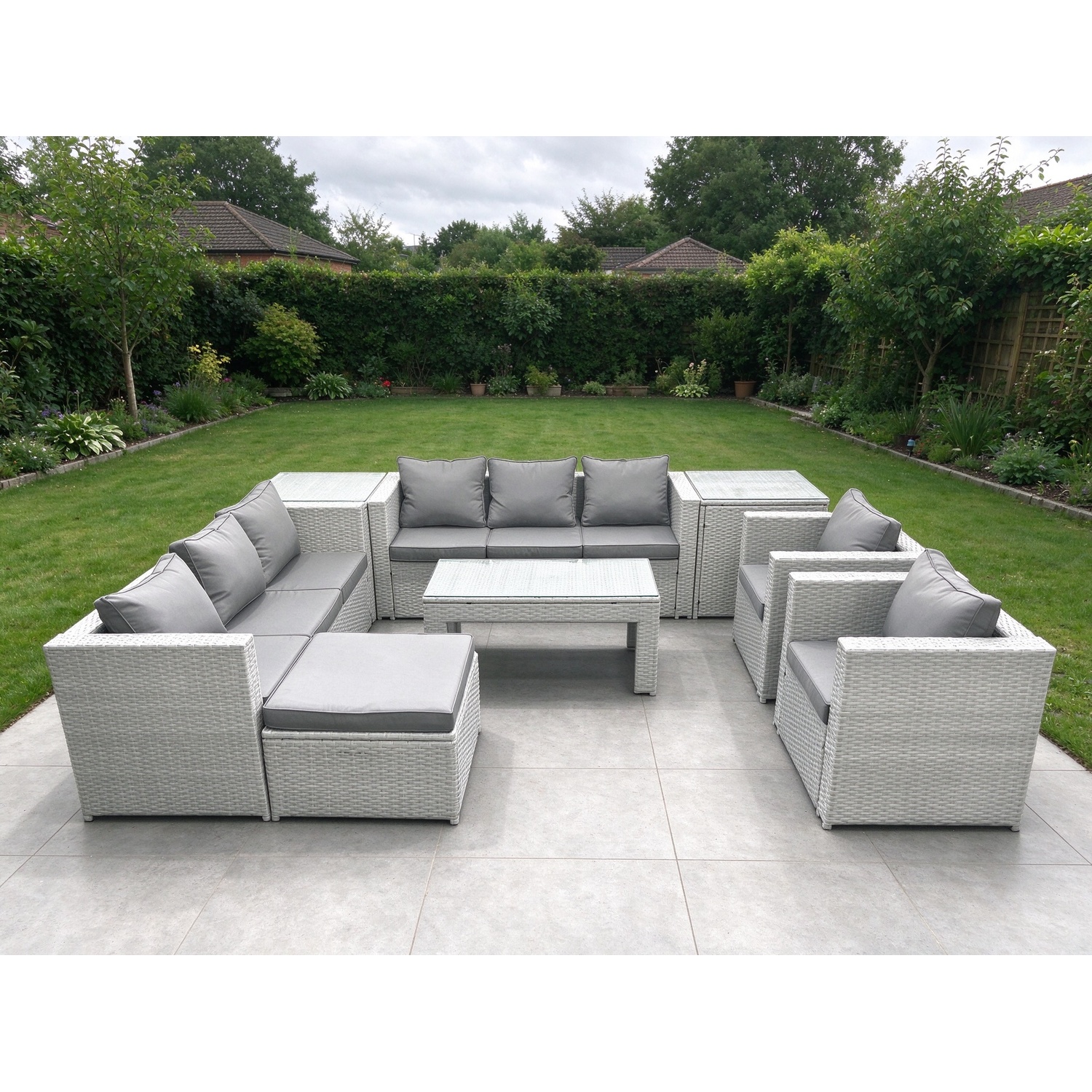 Fimous Outdoor Garden Furniture Rattan Sofa Set With 2 Armchairs Oblong Coffee Table Big Footstool 2 Side Tables Light Grey Mixed - Image 3