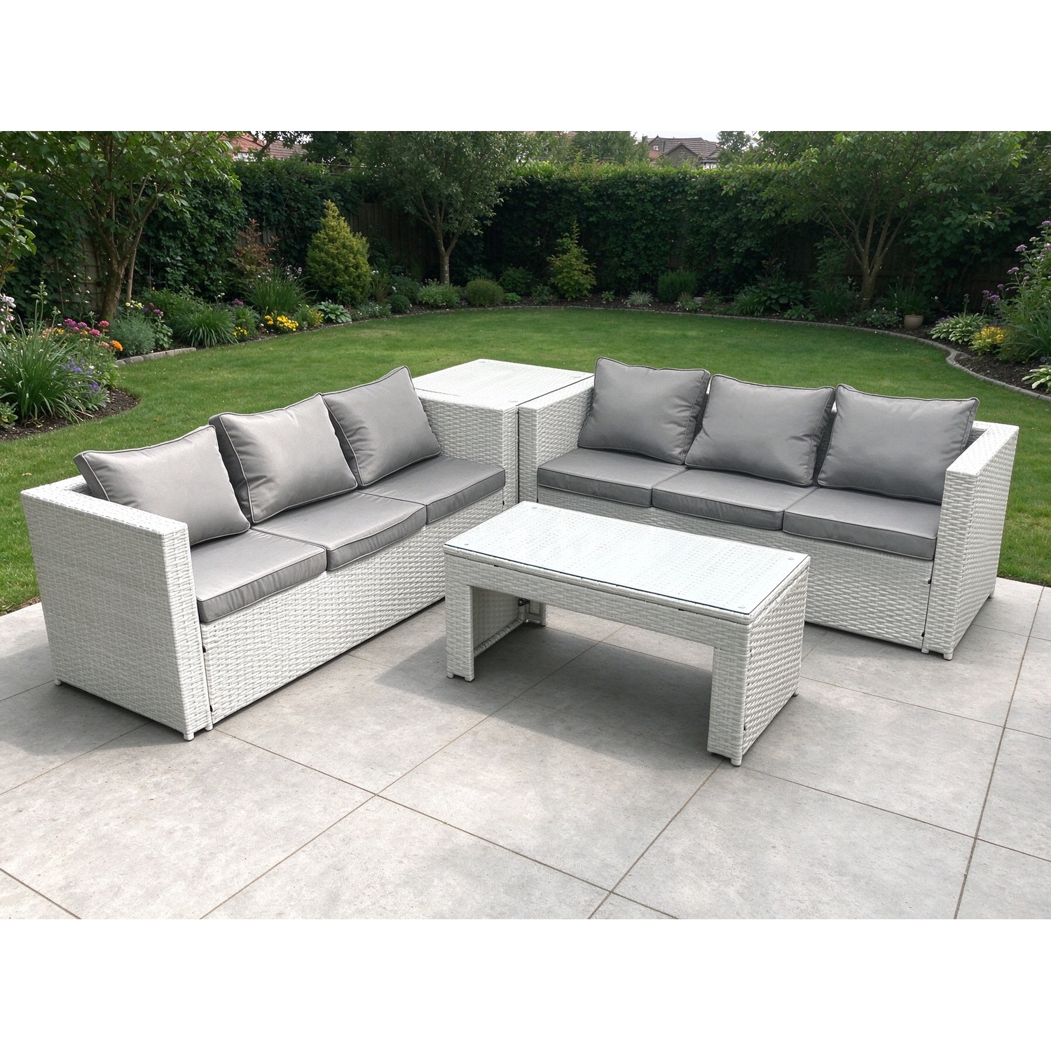 B&Q - 6 Seater Garden Outdoor Rattan Furniture Set Rattan Garden Sofa Oblong Coffee Table Side Table Light Grey - Image 2