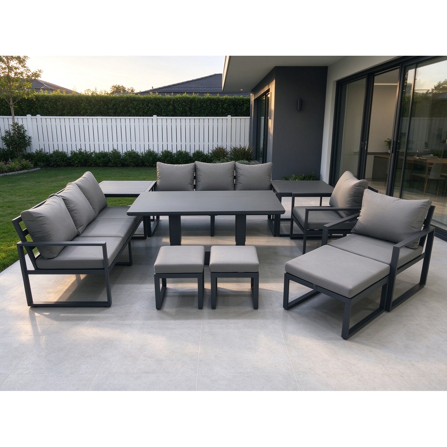 Fimous Garden Sofa Set Aluminium Furniture Rising Dining Tabe Set With 2 Chair 3 Footstools 2 Side Tables Dark Grey - Image 3