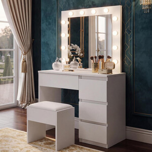 White Vanity Dressing Table with Drawers LED Bulbs Mirror and Stool