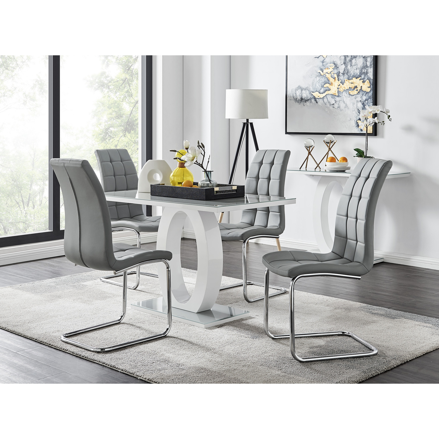 Giovani Grey White Modern Glass Dining Table With Four Murano Chairs Set - Grey