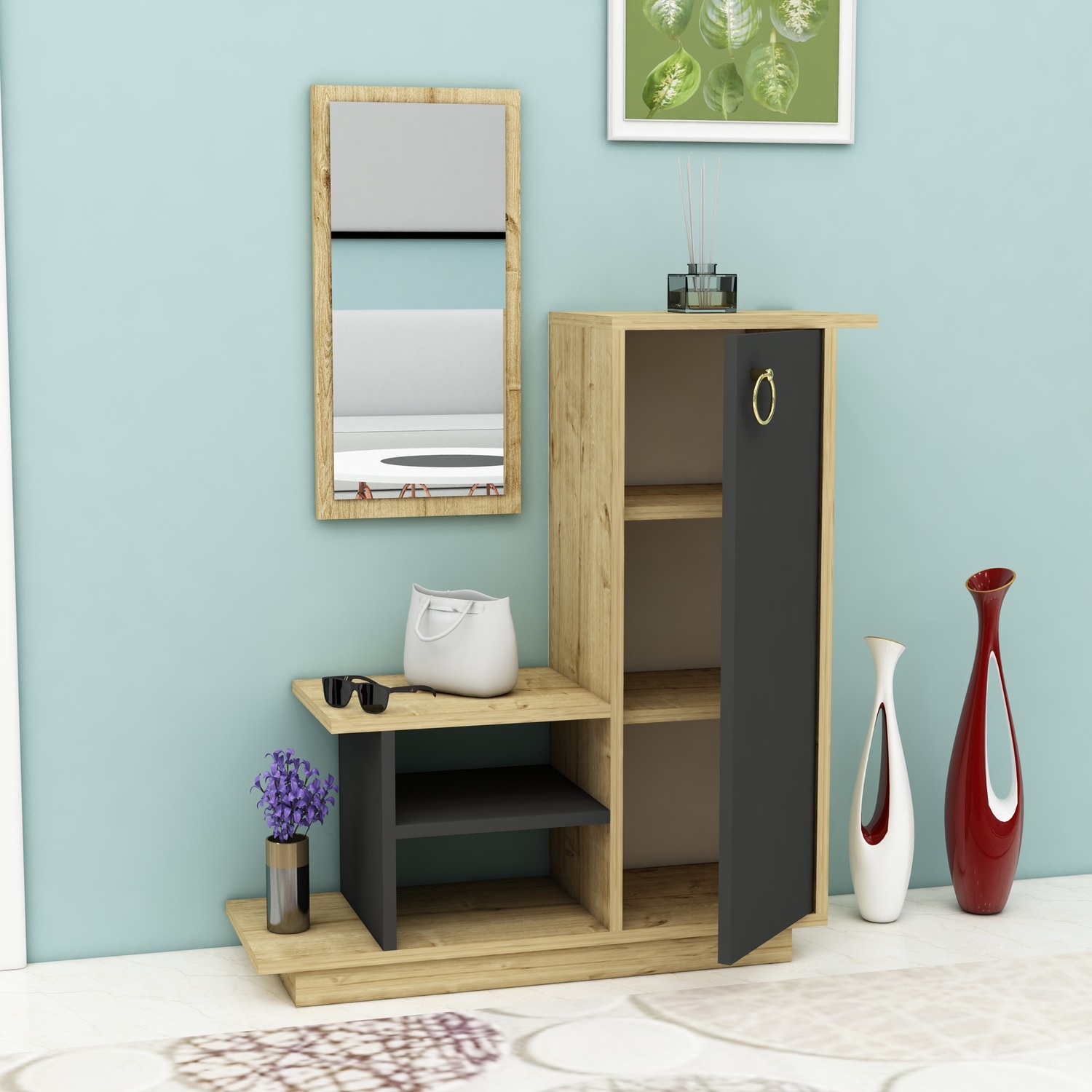 Console Table Dresuar With Cabinet Shelves And Mirror Albero - Anthracite - Sapphire Oak