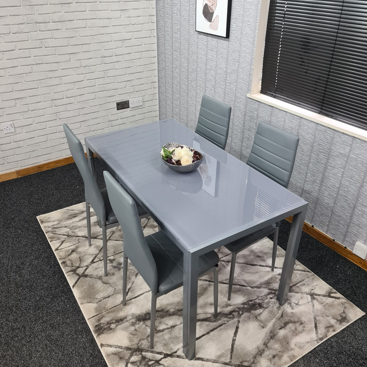 All Grey Glass Dining Table Set 4 Faux Leather Chairs