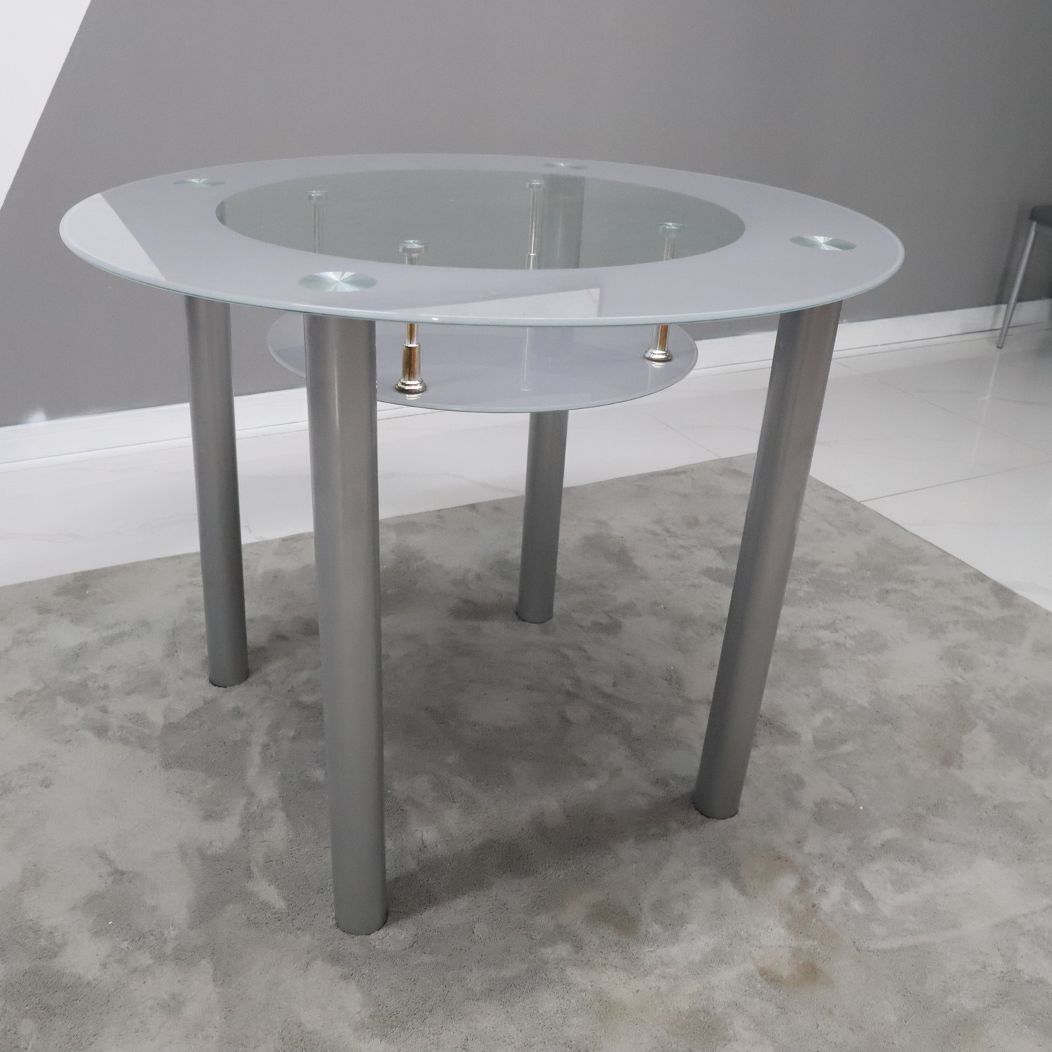 Round Glass Grey Dining Table With Storage Shelf And 4 Grey Metal Chairs Set - Grey