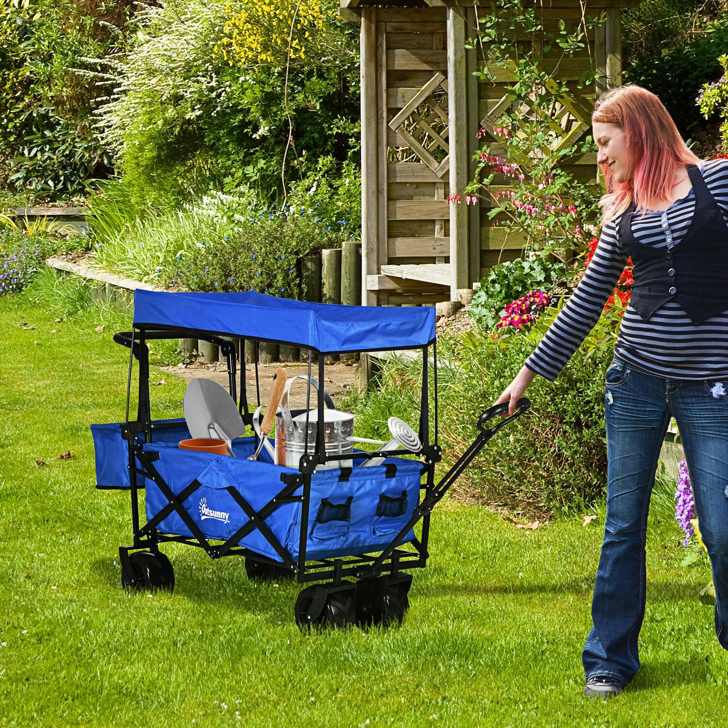 DURHAND Folding Trolley Cart Storage Wagon Beach Trailer  - Blue