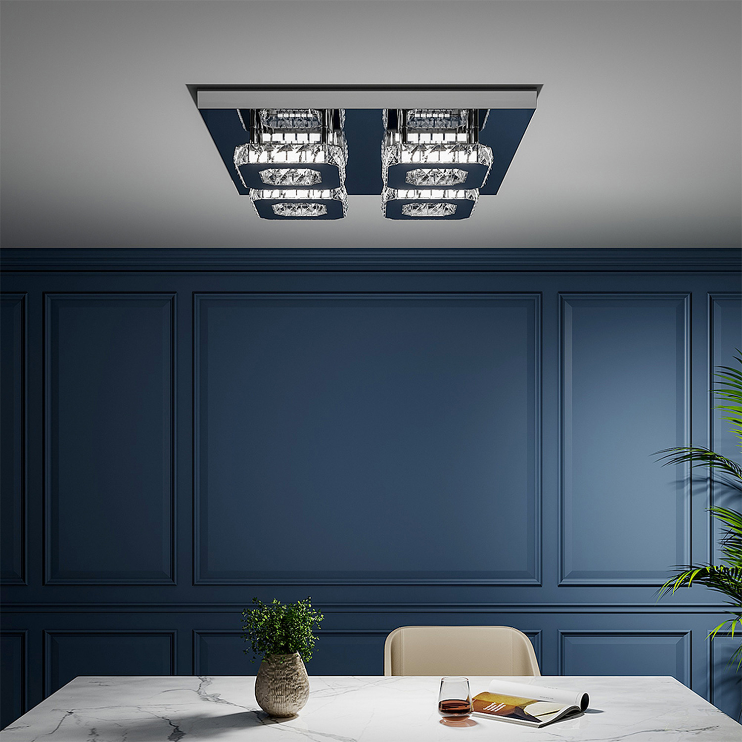 Livingandhome Square Crystal Led Ceiling Light - Cool White