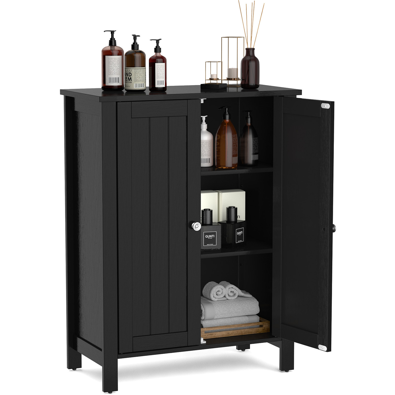 Costway Bathroom Floor Storage Cabinet Free Standing Storage - Black thumbnail
