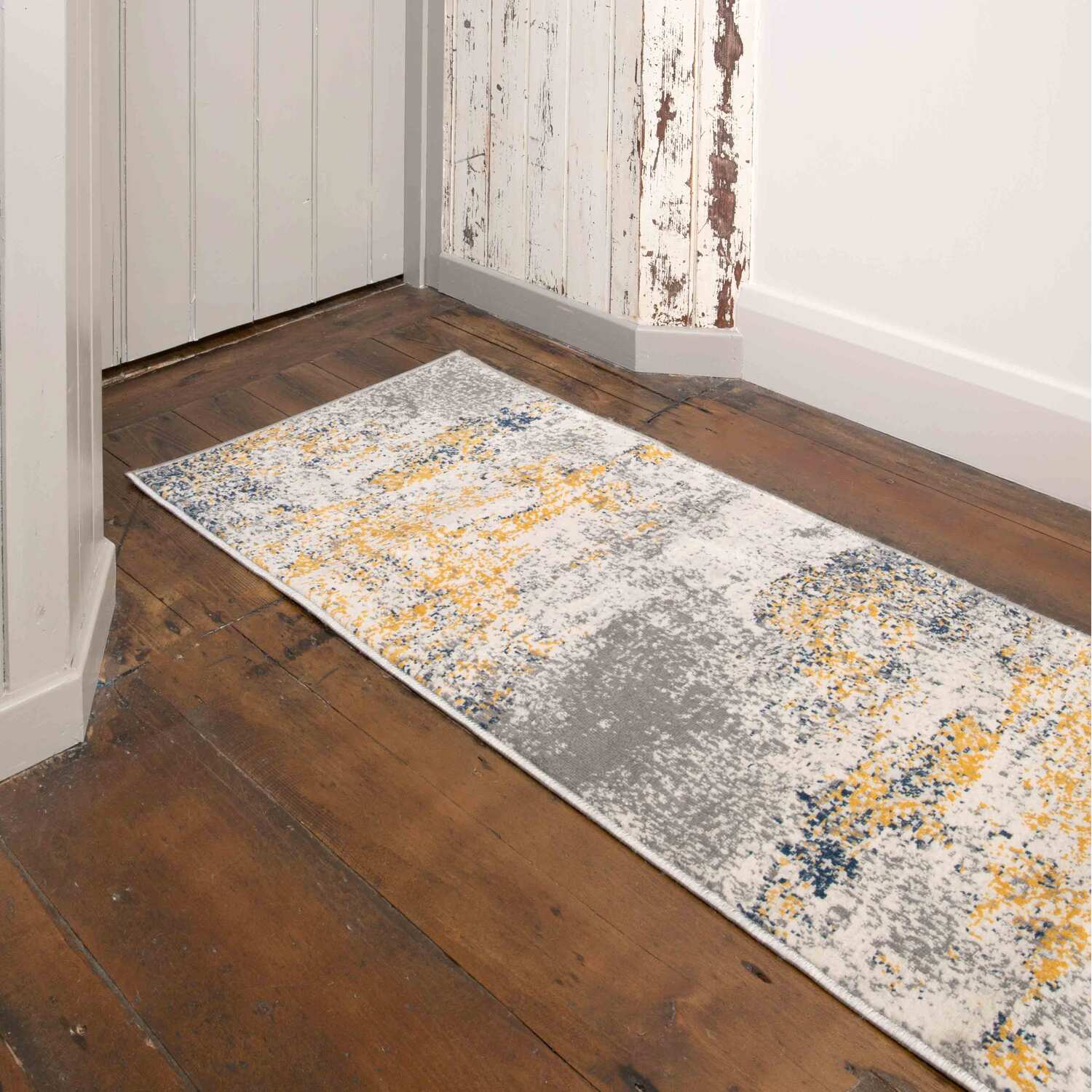 Distressed Abstract Living Area Rug - Ochre / 240 x 60cm