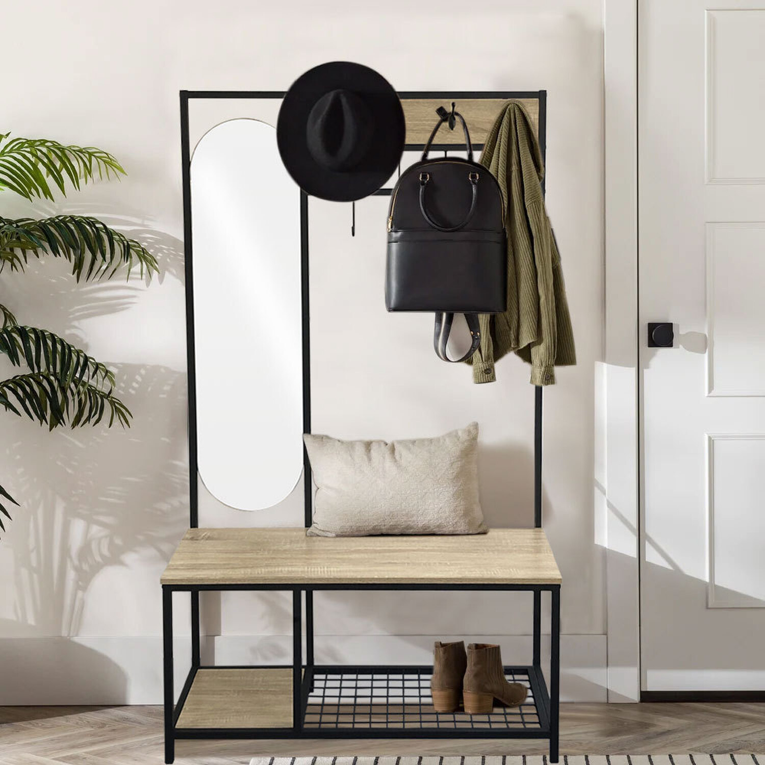 Wooden Clothes Rail Hanging Coat Storage Rack With Dressing Mirror Shoe ...