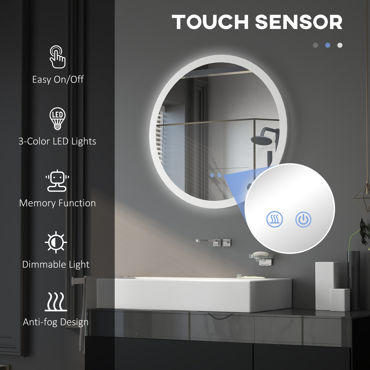 Round LED Bathroom Mirror with Dimmable Touch Switch