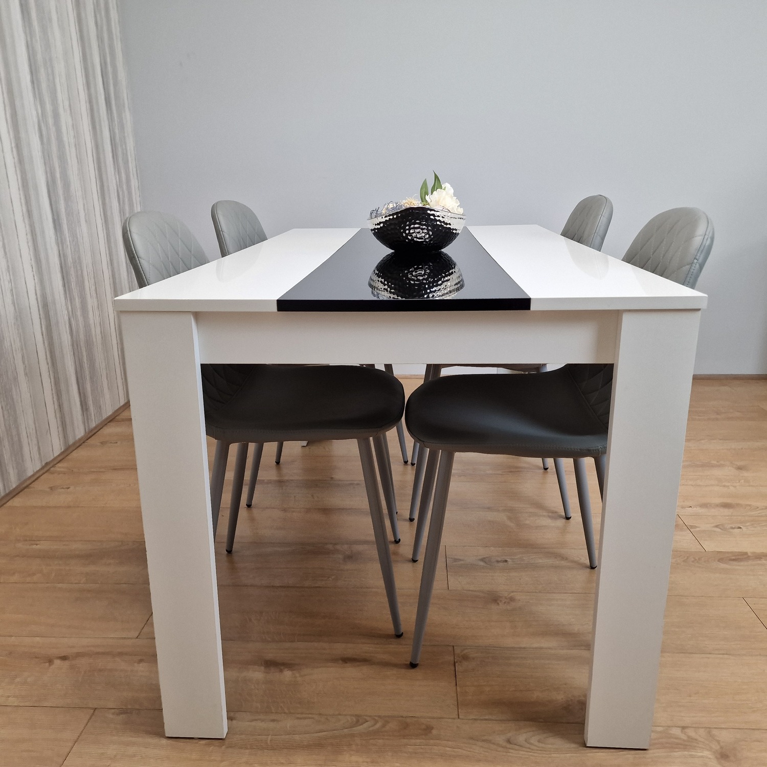White Black Dining Table Wooden With 4 Grey Stitched Leather Chairs Set - Black White