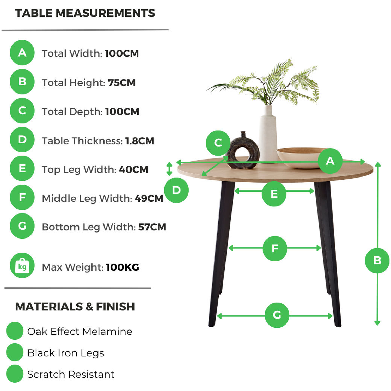 Koko Modern Melamine Oak Effect Round Kitchen Dining Table with Black Legs