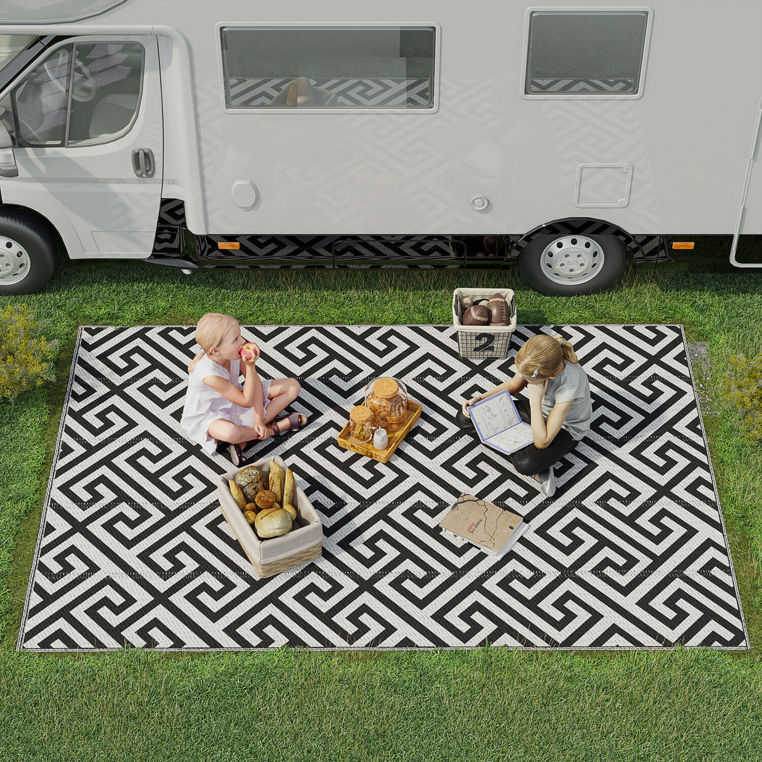 Outsunny Outdoor Plastic Straw Rug Portable RV - Black, White / 182cm