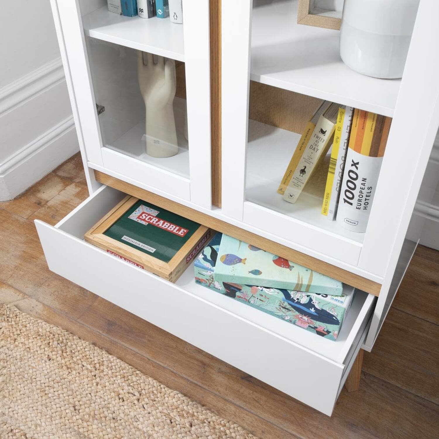 Otto Display Cabinet Dresser In Solid White And Natural Pine - White
