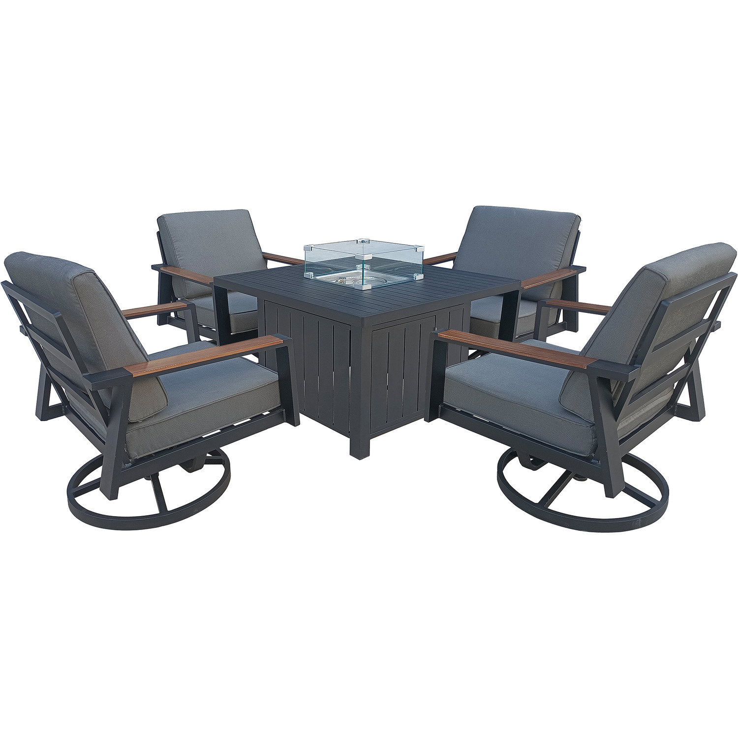 4 Seater Aluminum Patio Firepit Dining Set - Grey / 1x Fire Pit Table 4x Swivel Armchair