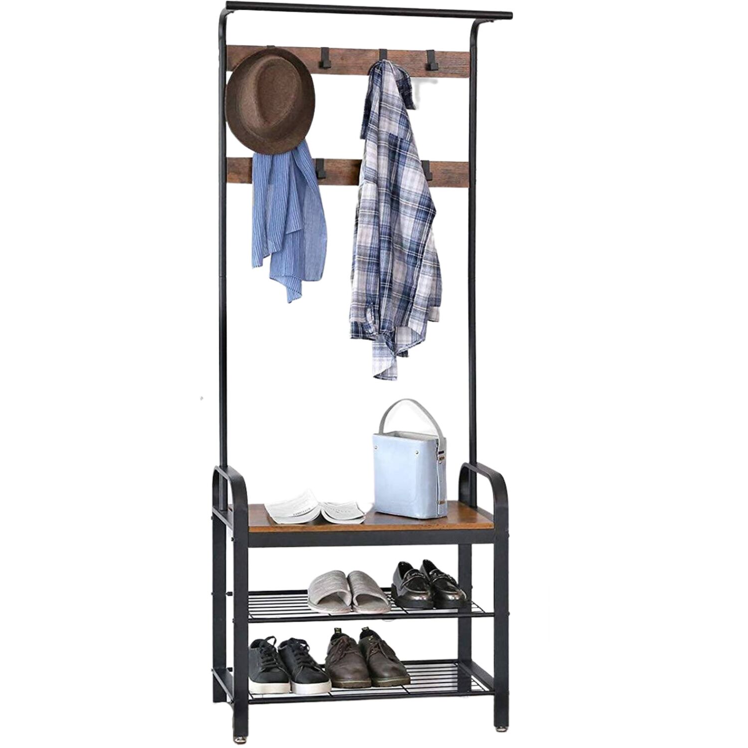 4-in-1 Design Coat Rack With Shoe Storage Bench - Rustic Brown