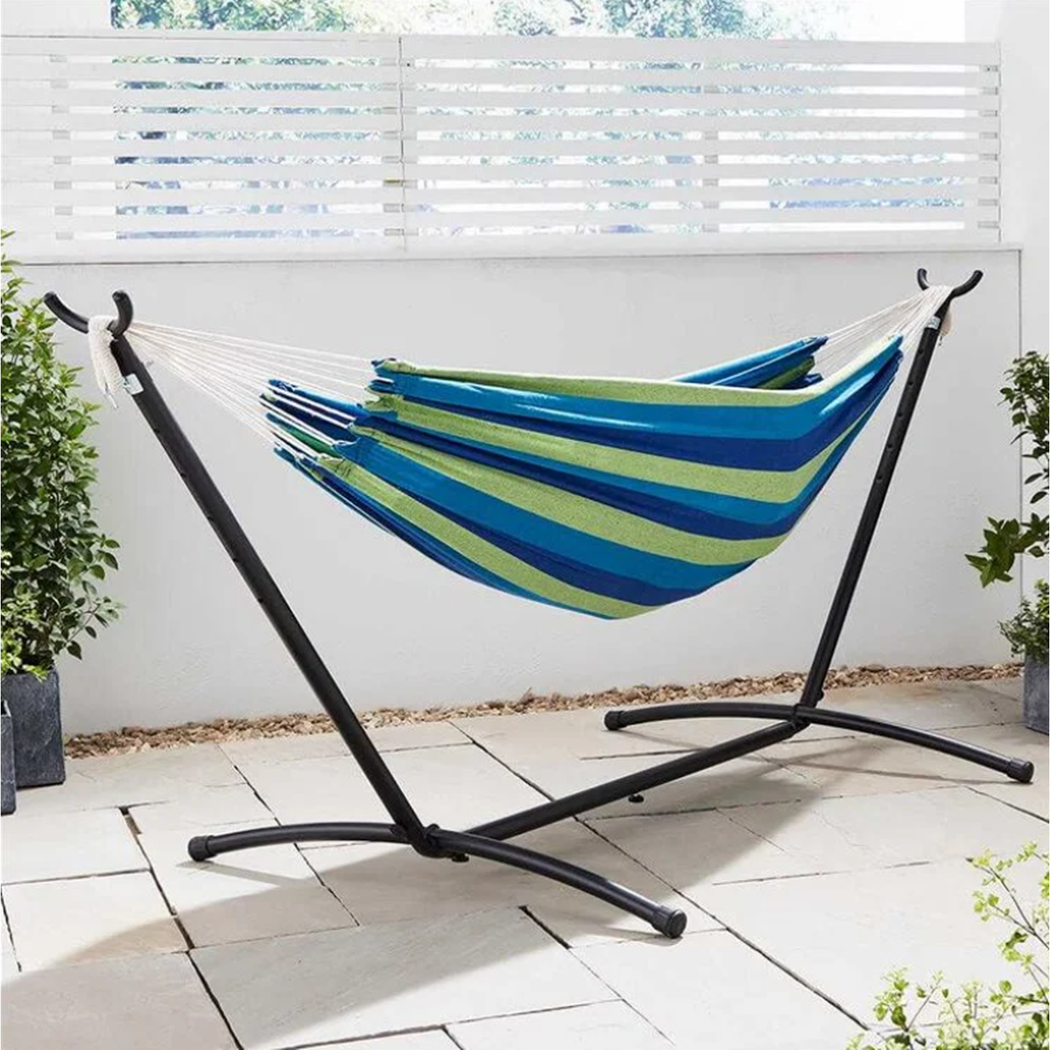 Striped Double Hammock with Folding Stand