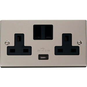 Pearl Nickel 2 Gang 13A 1 USB Twin Double Switched Plug Socket