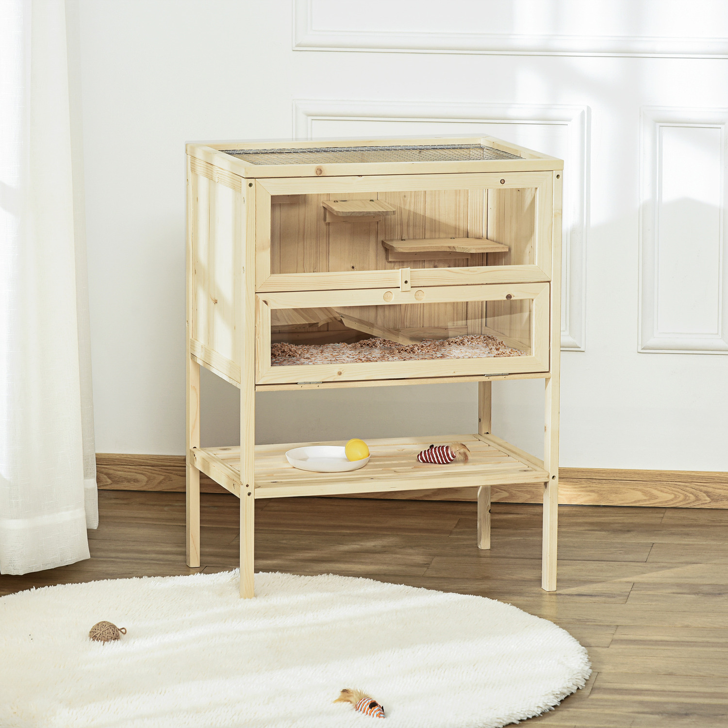 PawHut Wooden Hamster Cage 3 Tier House With Storage Shelf - Yellow