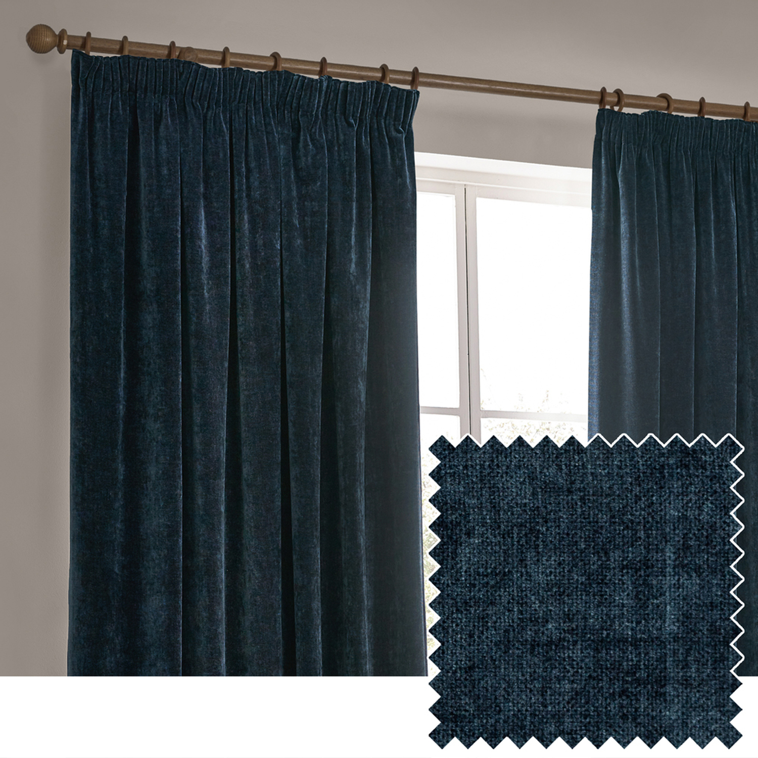 Heavy Chenille Velvet Pencil Pleat Curtains - Navy / 229cm