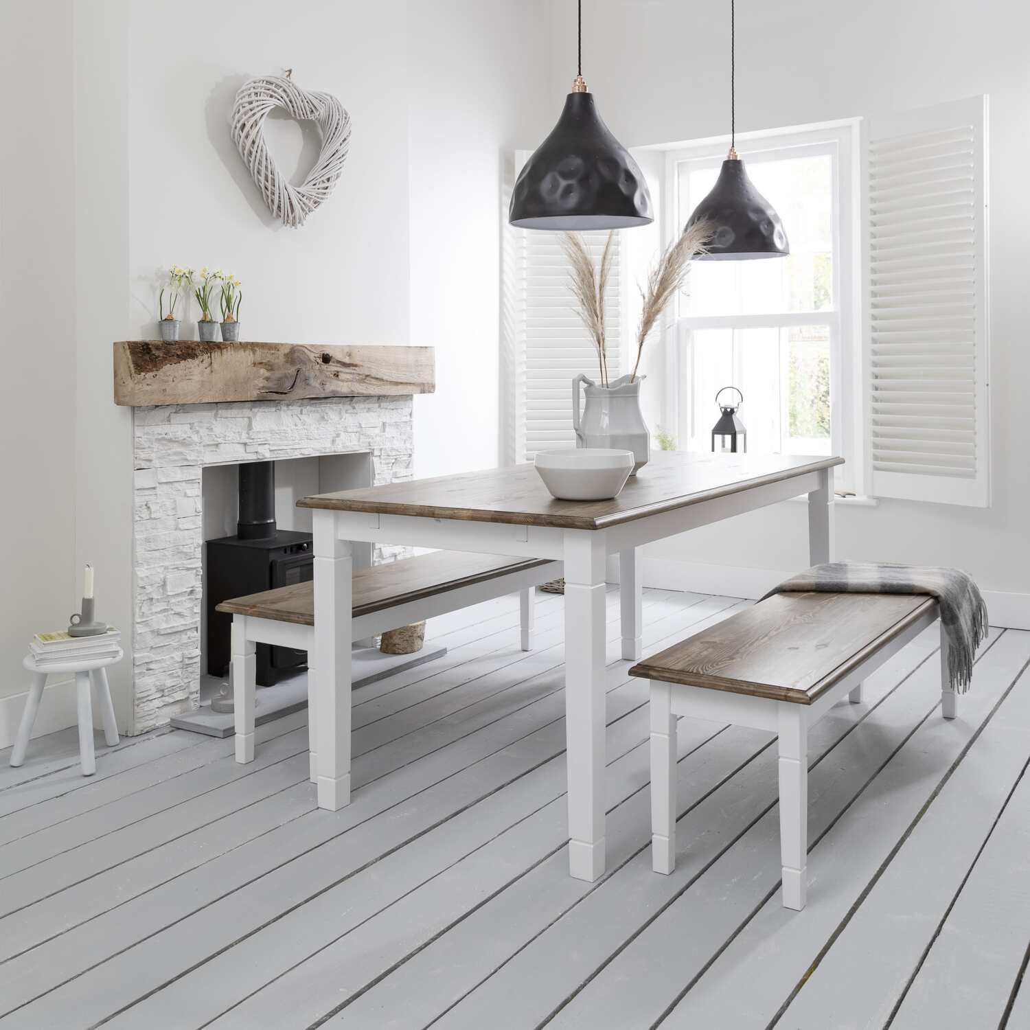 Canterbury 180cm Dining Table With 2 Benches In Silk Grey And Dark Pine - White
