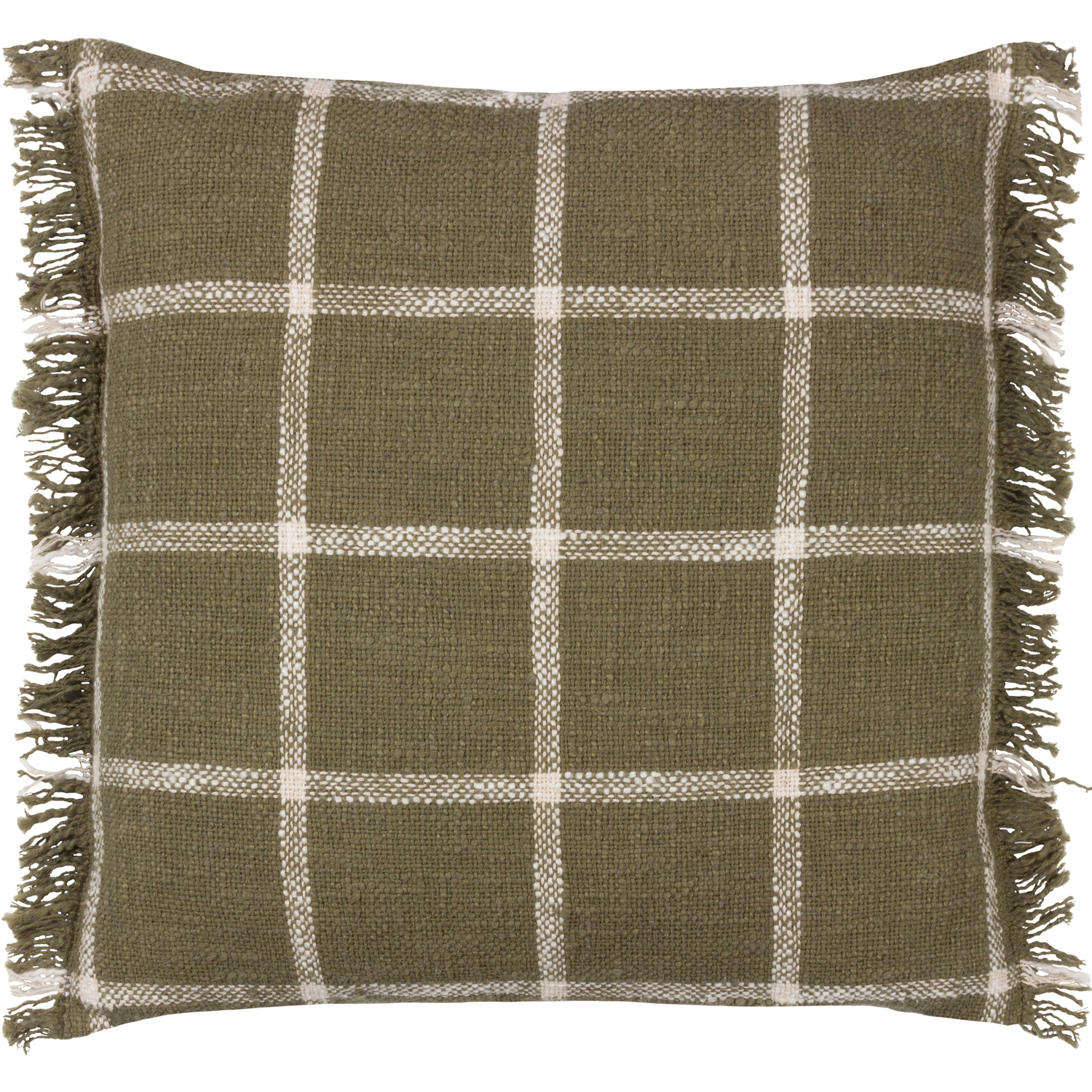 Beni Check Fringed Feather Rich Cushion - Moss/Natural