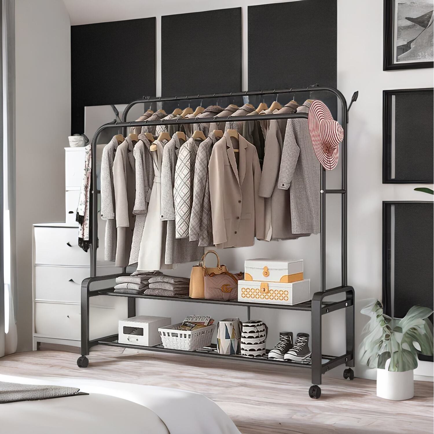 Heavy Duty Metal Clothes Rail Open Wardrobe With 2 Storage Shelves - Black