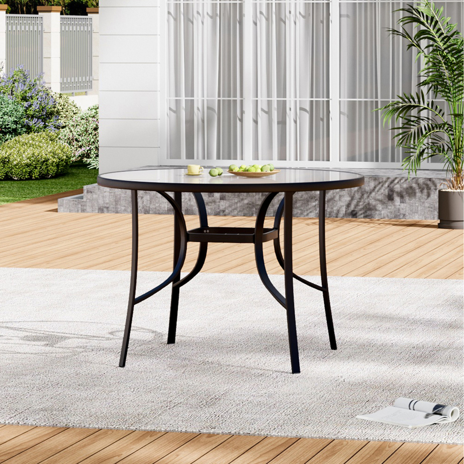 Garden Metal Round Coffee Table With An Umbrella Hole - Black