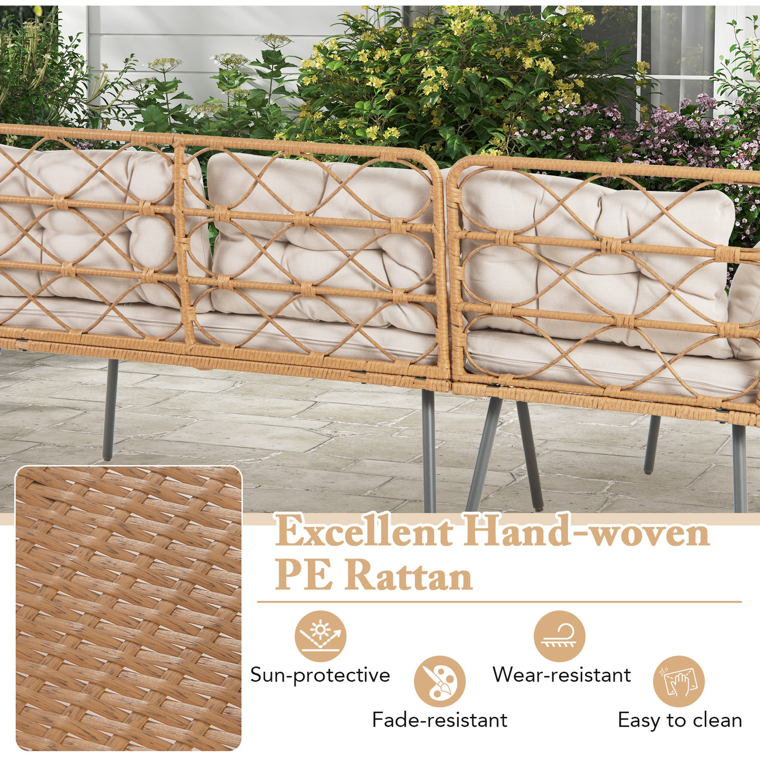 3 Pieces Cushioned Sofa Set With Coffee Table - Beige